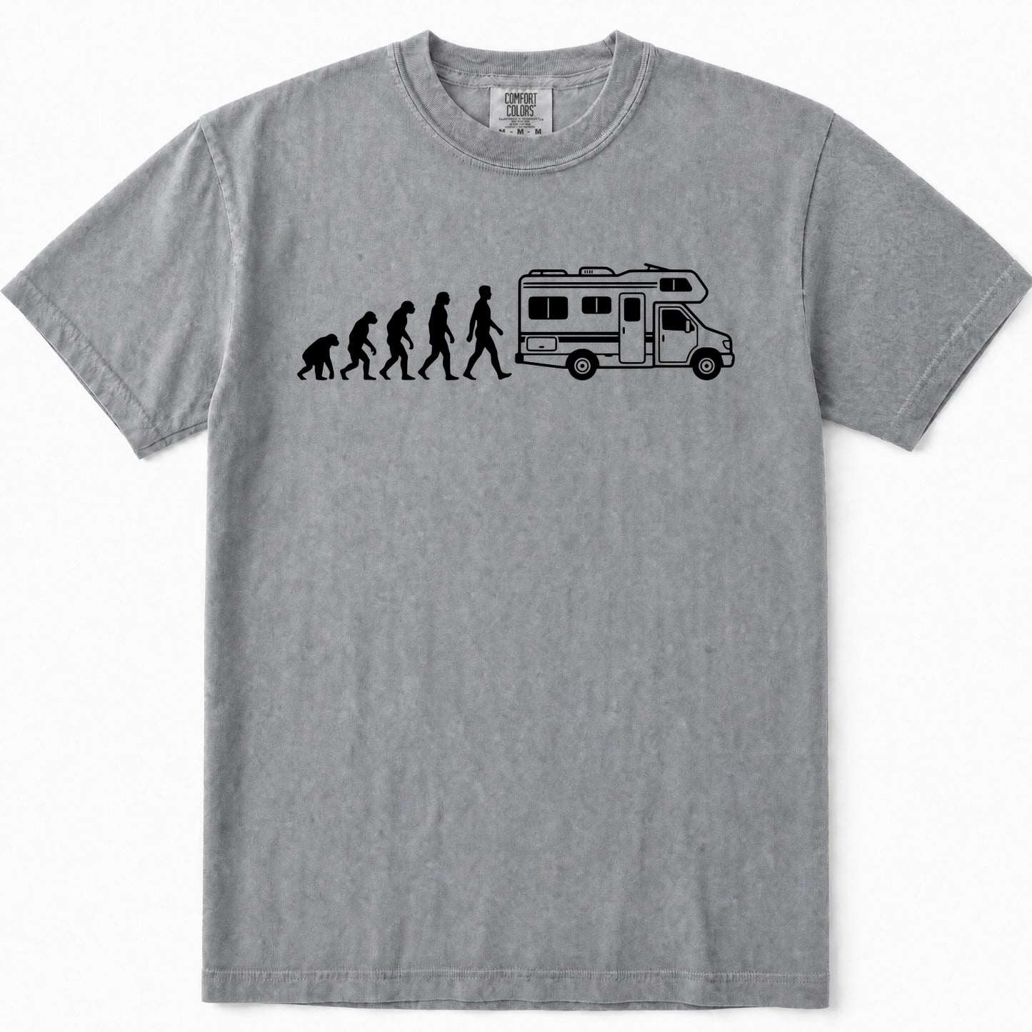 Grey short-sleeve crewneck t-shirt featuring a black graphic print of the evolution sequence leading to a walking person next to an RV.