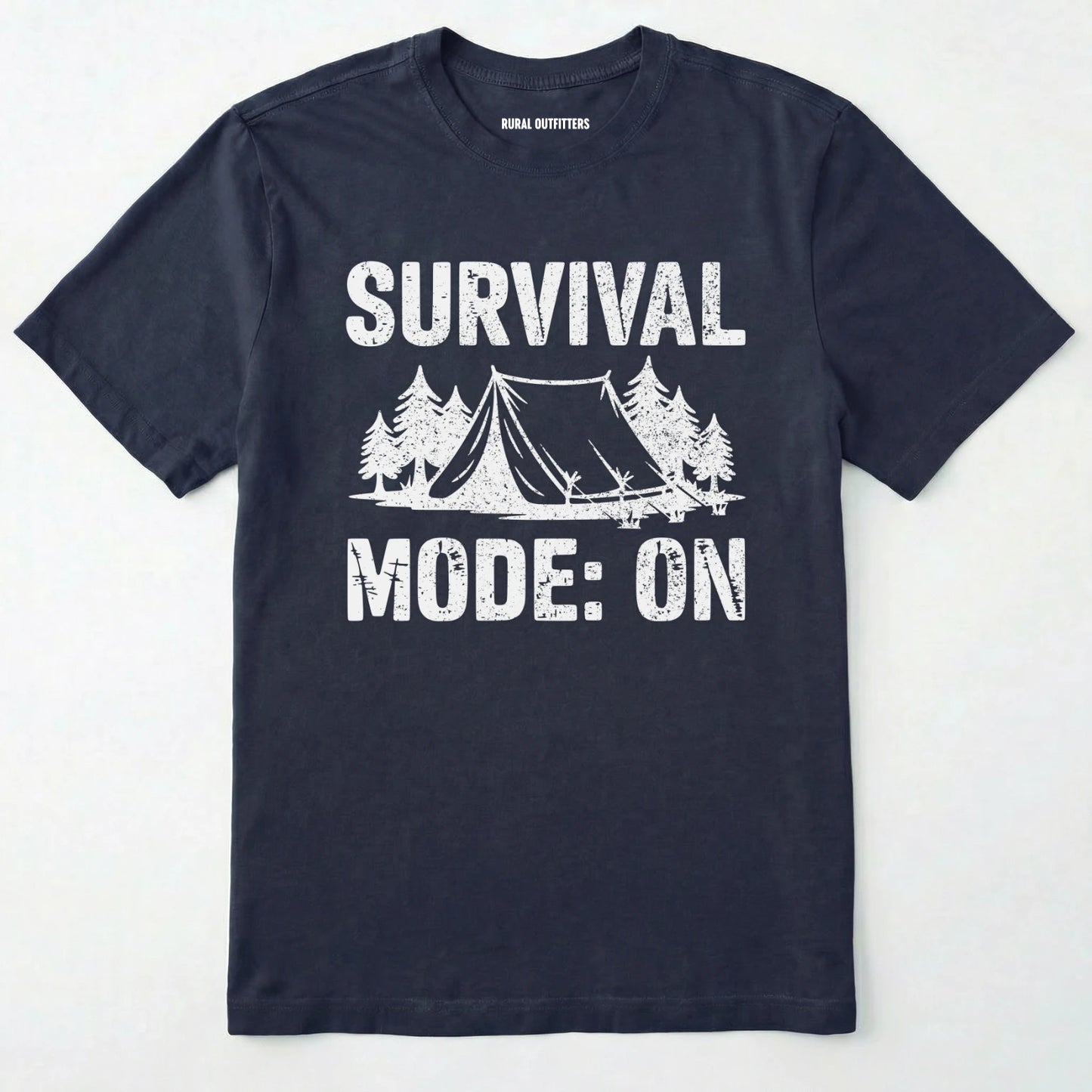 Navy bushcraft shirt with survival mode on text, featuring a tent and a pine tree design on a white background.