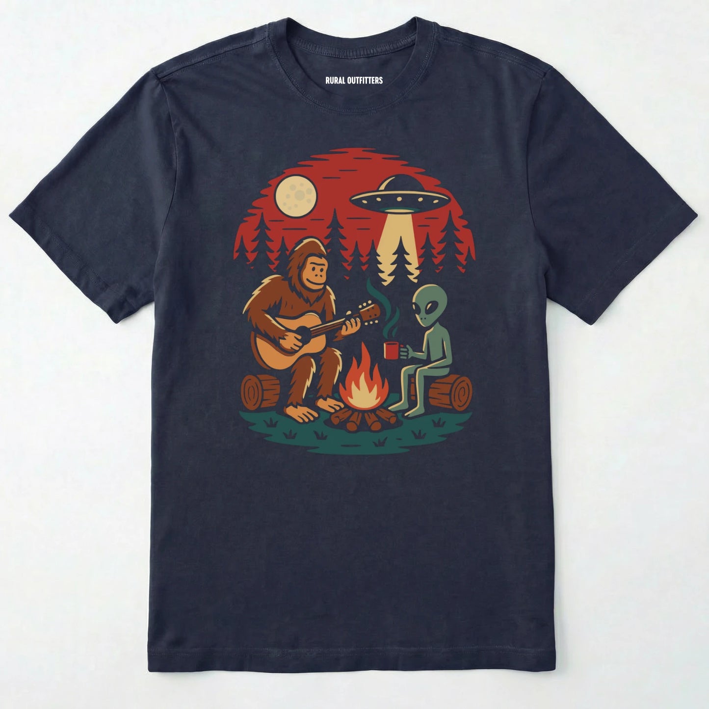 Navy alien shirt with ufo, bigfoot camping by the fire design on a white background.