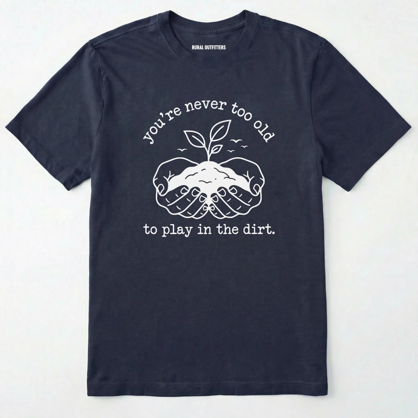 Navy t-shirt with white graphic and text on a white background
