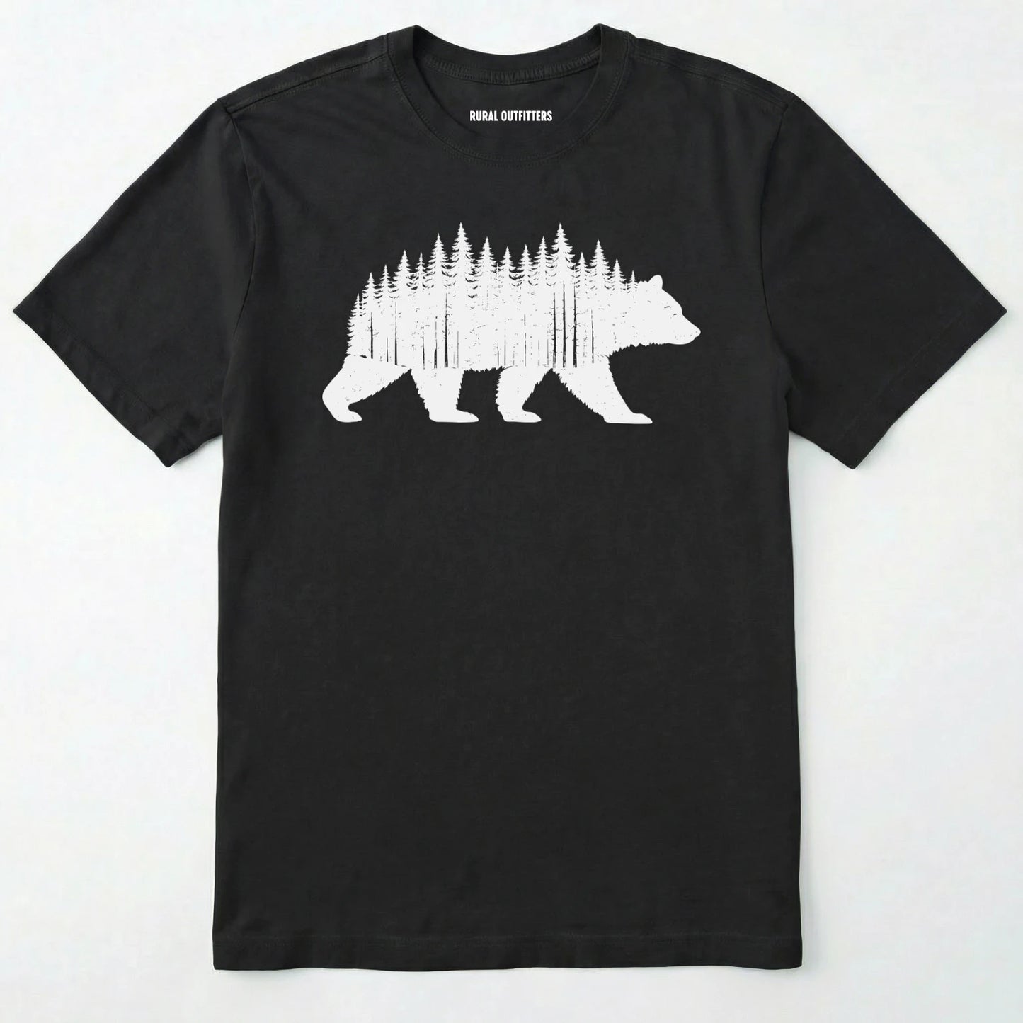 Black t-shirt with a white bear and forest design on a white background