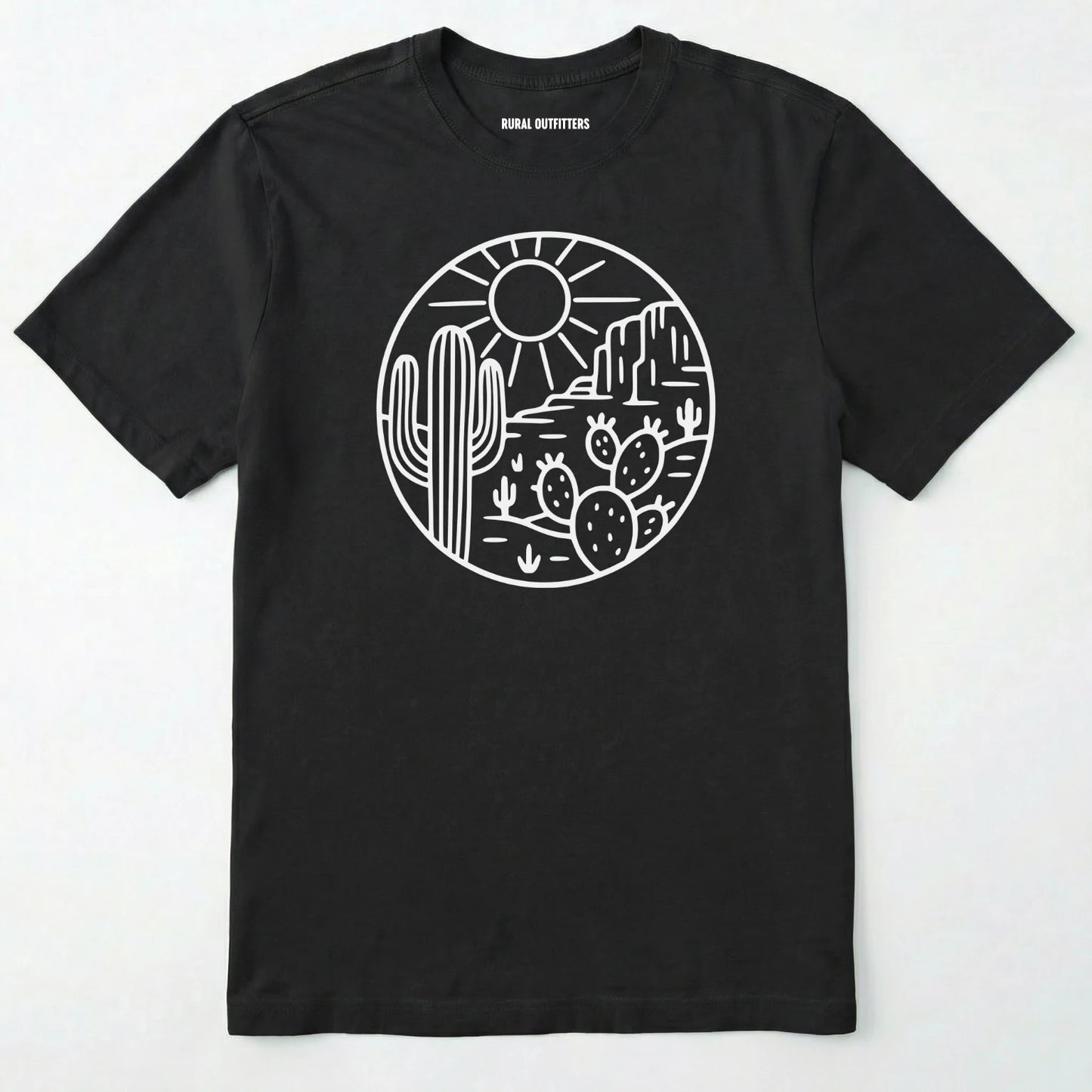 Black cactus shirt featuring desert landscape and cactus illustration on a white background.