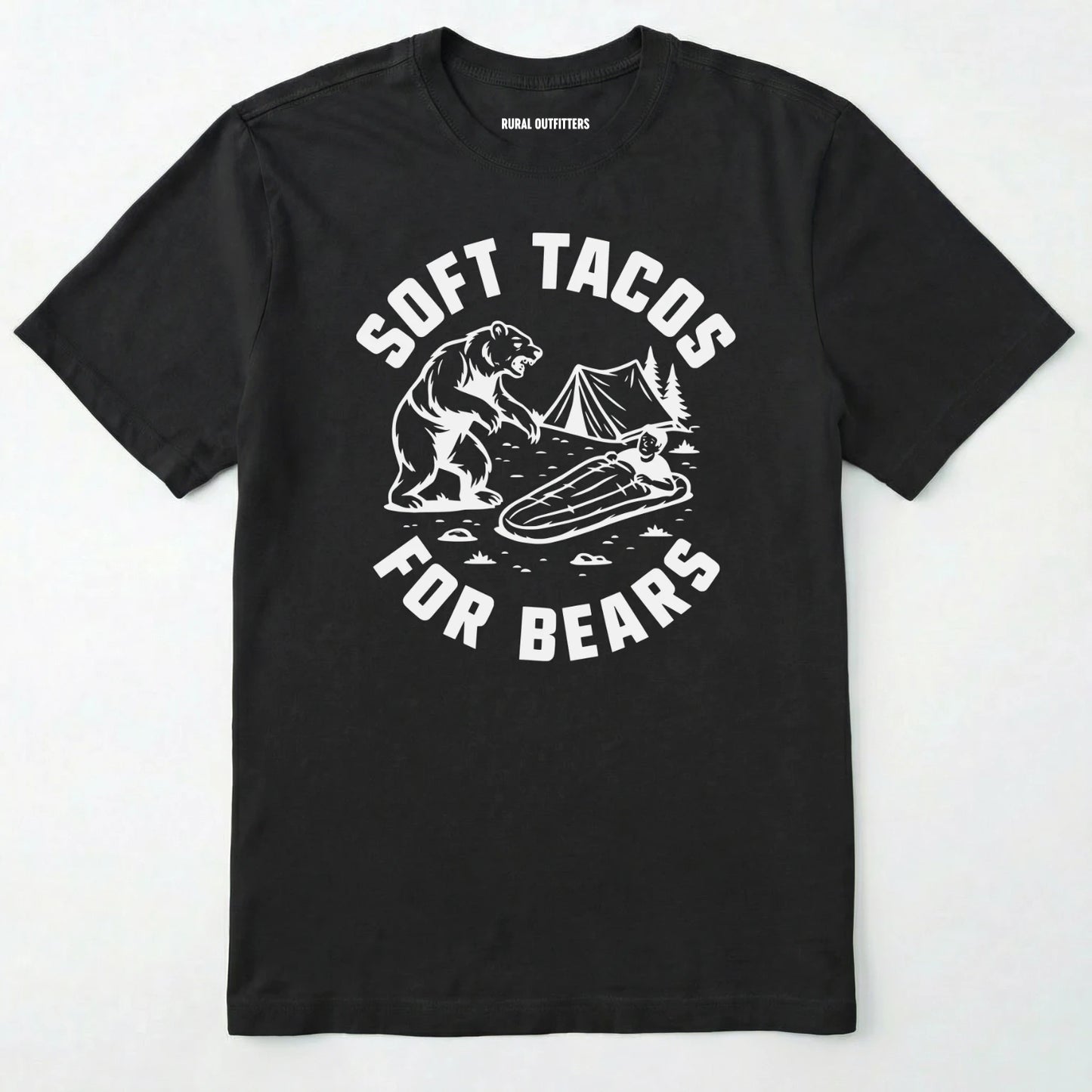 Black funny bear shirt with bear graphic and text 'soft tacos for bears' on a white background.