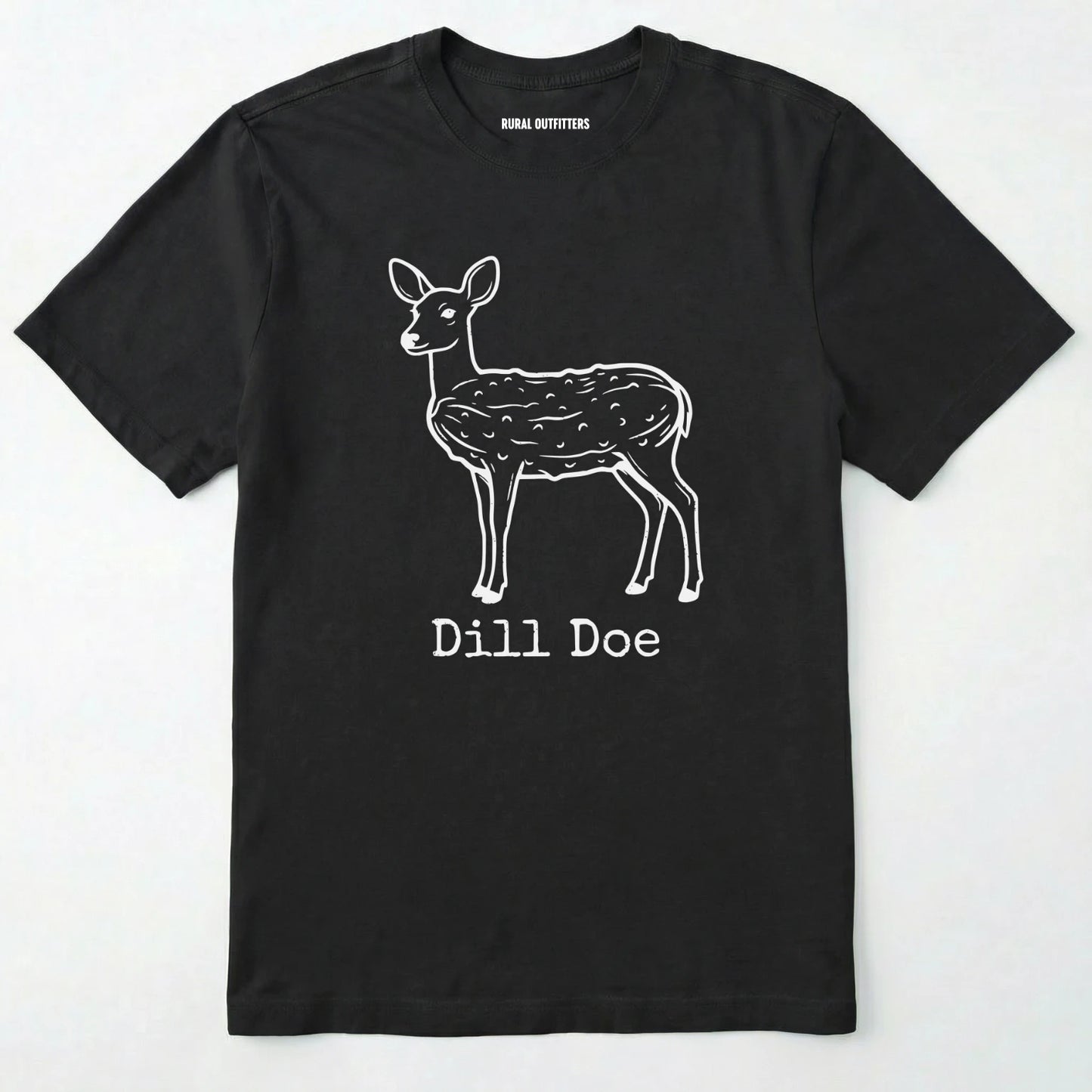 Black t-shirt with a white deer graphic and text 'dill doe' on a white background