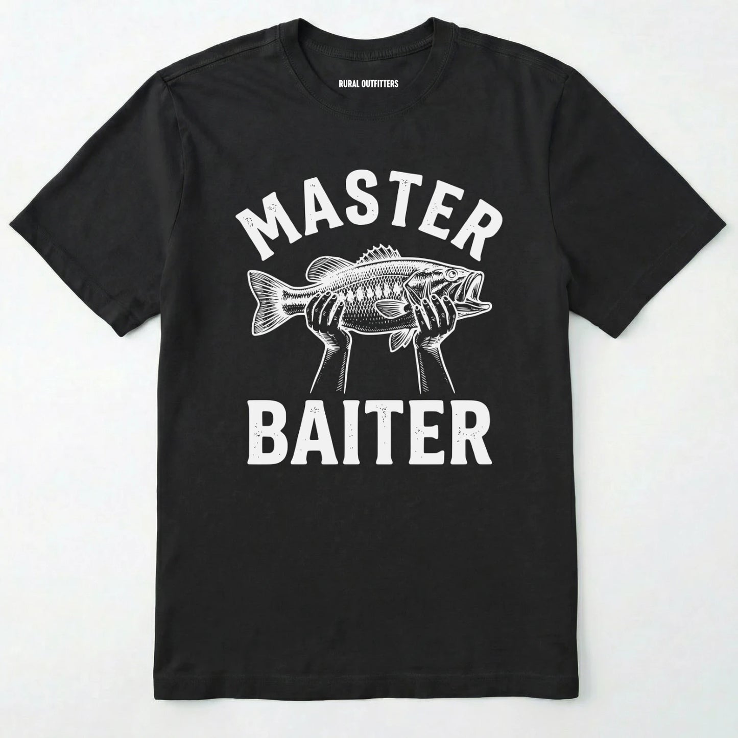 Black t-shirt with 'master baiter' graphic and fish design on a white background