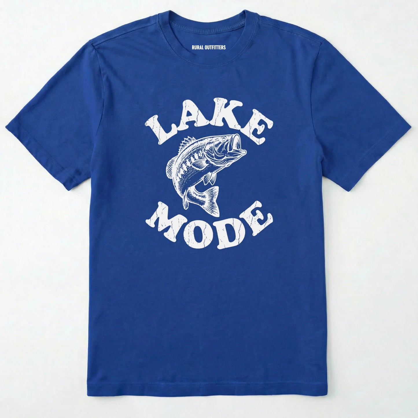 Royal t-shirt with 'lake mode' graphic and fish illustration on a white background