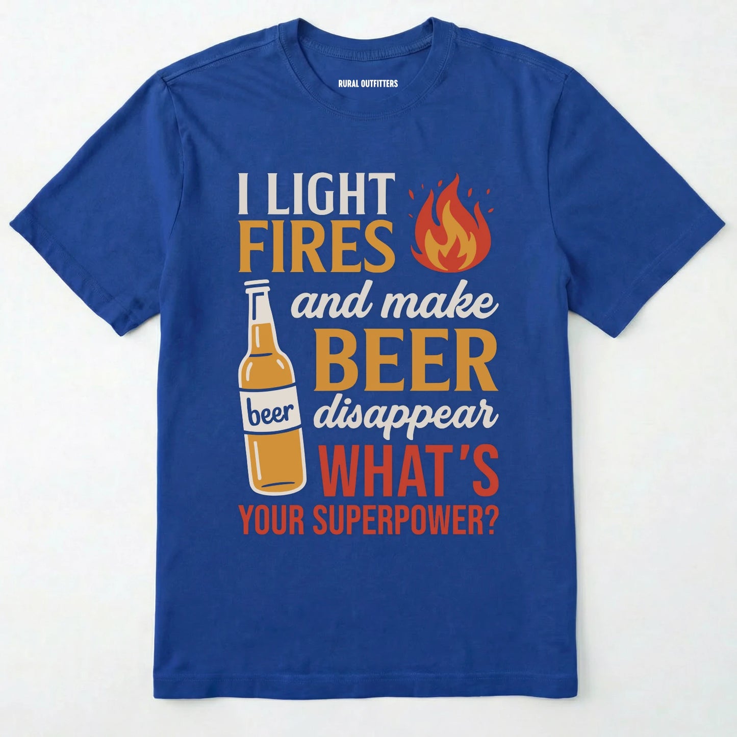 Royal funny beer shirt featuring a fire and beer bottle graphic on a white background.