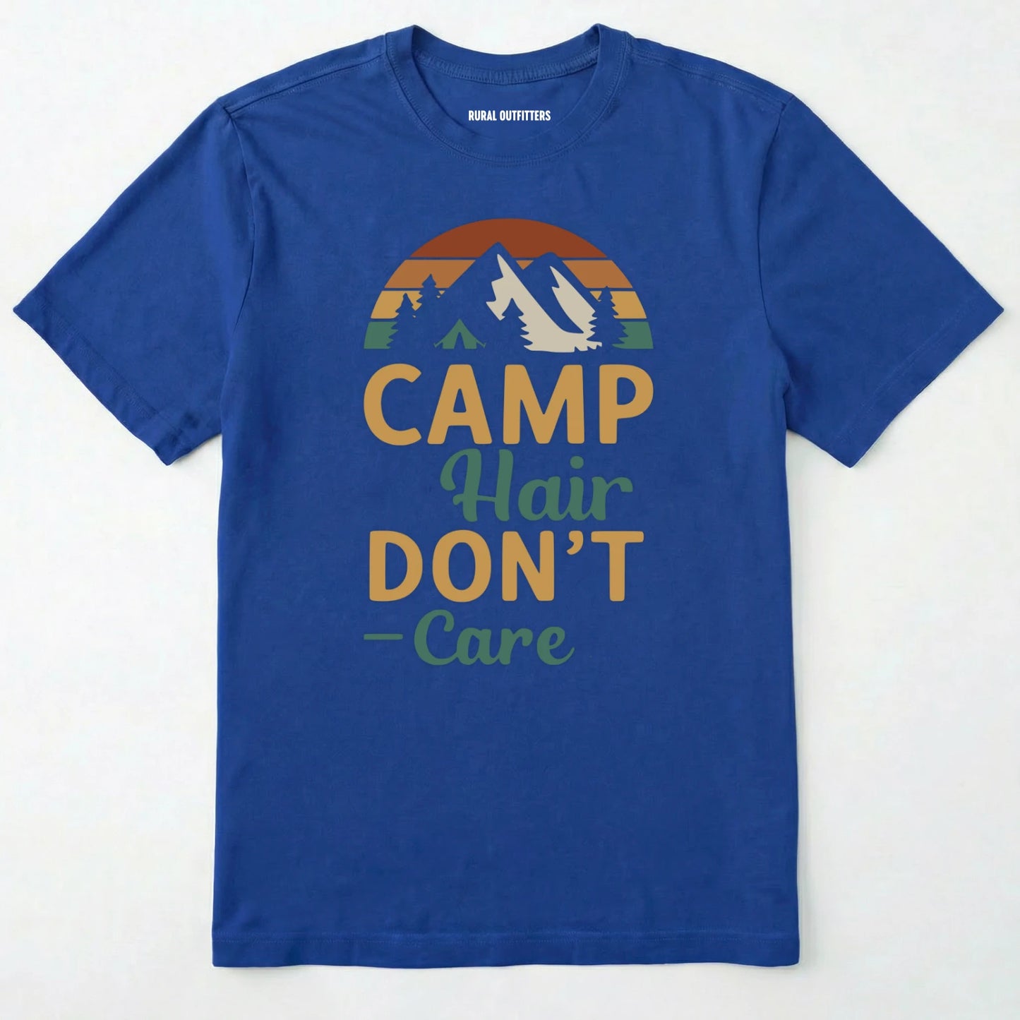 Royal camping hair don⊙t care t-shirt with retro mountain graphic on a white background.