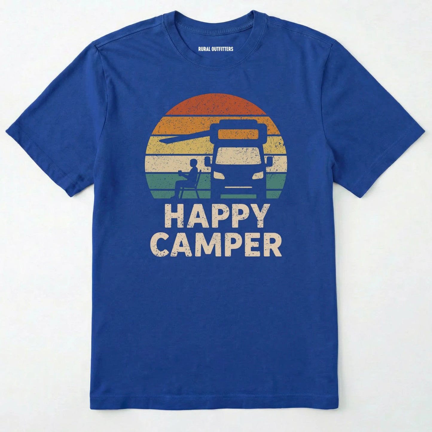 Royal happy camper shirt with retro rv graphic on a white background.