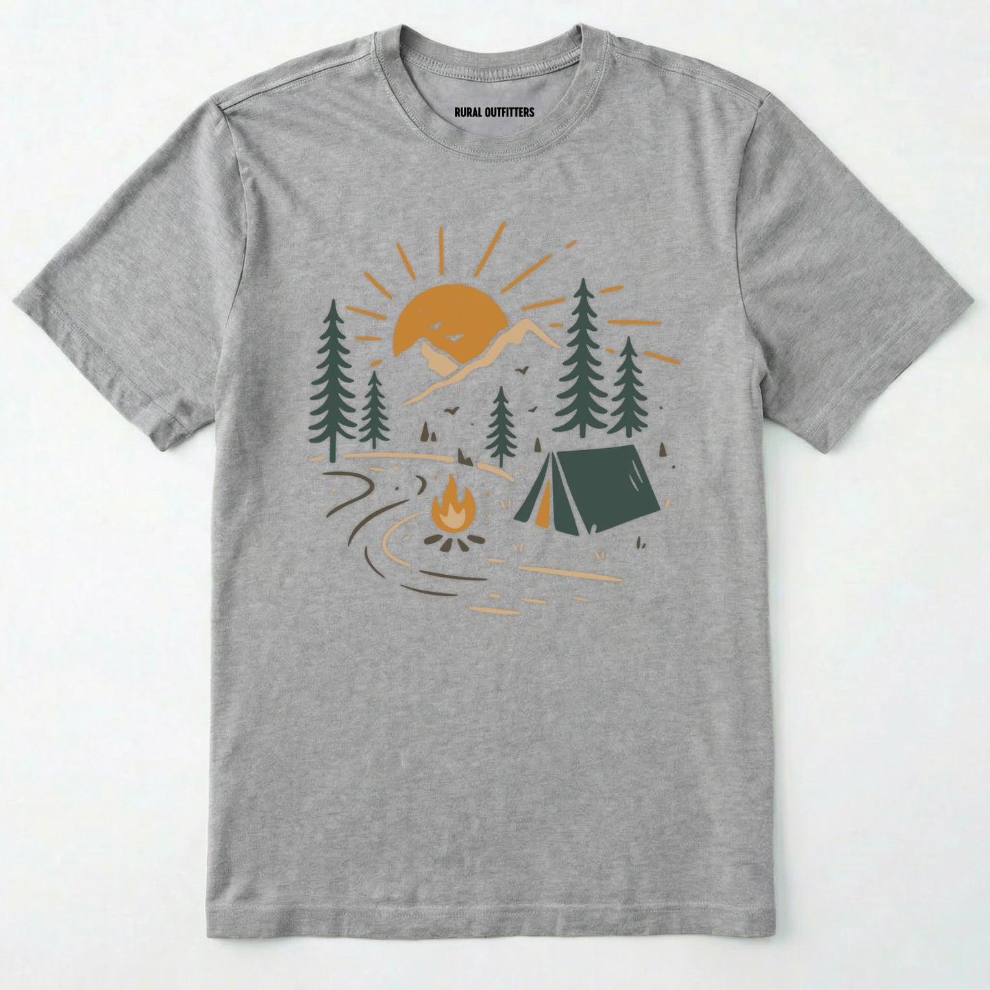 Sport Grey wilderness explorer shirt with sunset campfire scene with tent, trees, and mountains design on a white background.