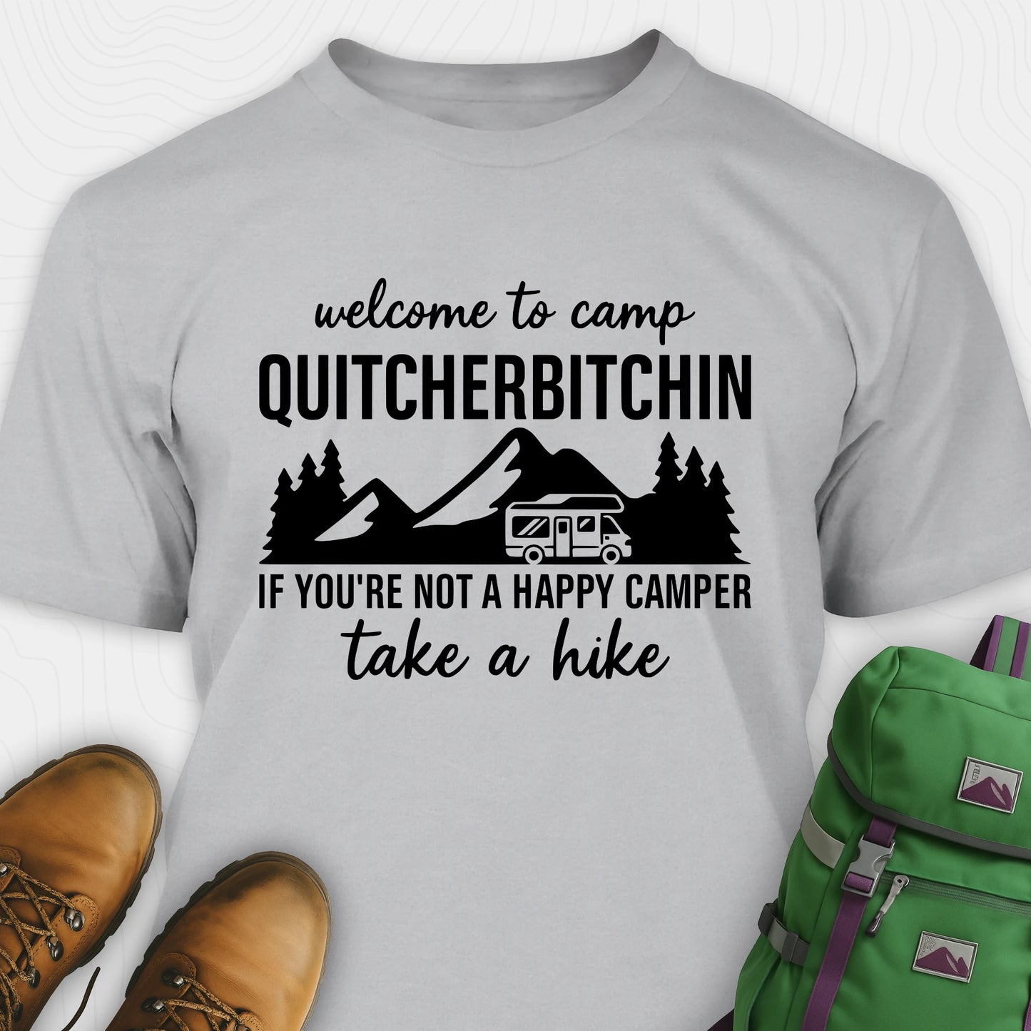 Grey camp quitcherbitchin shirt with rv and mountain graphic