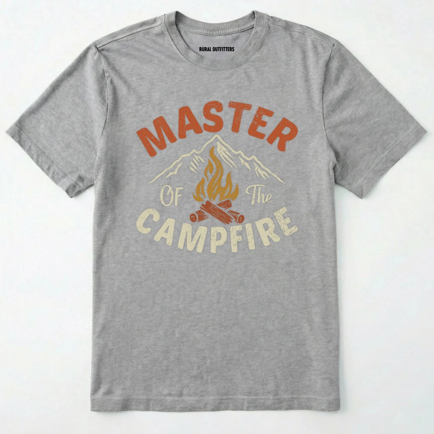 Sport Grey fire starter shirt with retro campfire and mountain graphic, featuring "master of the campfire" text on a white background.