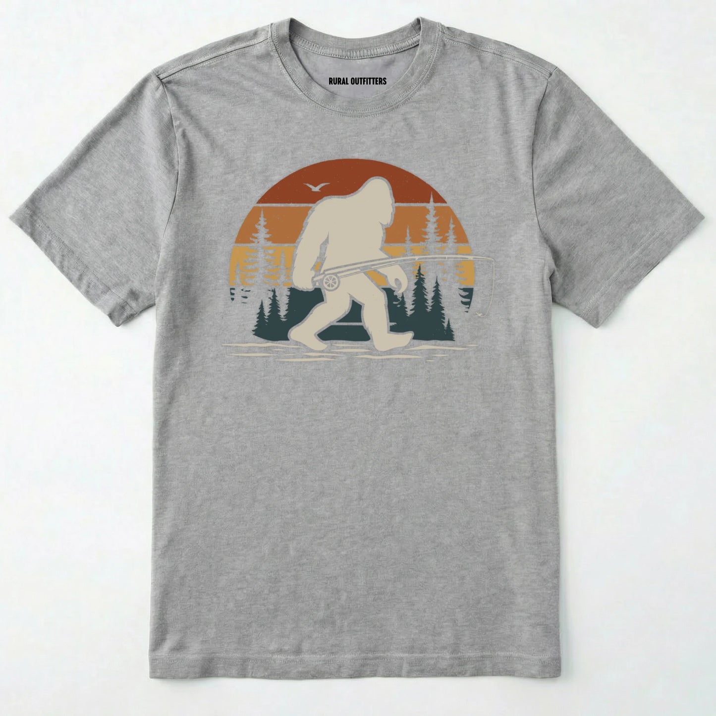 Sport Grey bigfoot fishing shirt with retro forest background