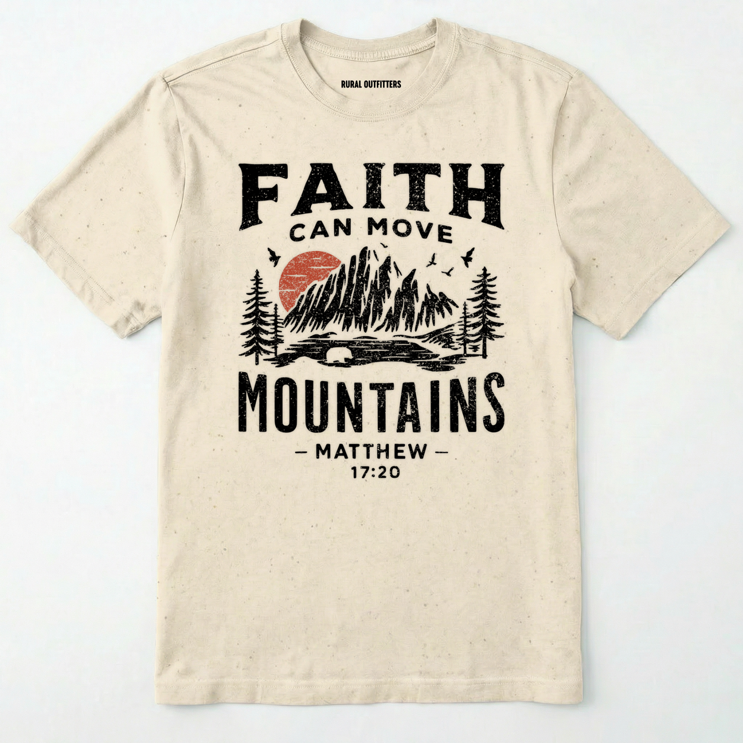 Natural bible verse t-shirt with 'faith can move mountains' text with outdoor graphic design on a white background.