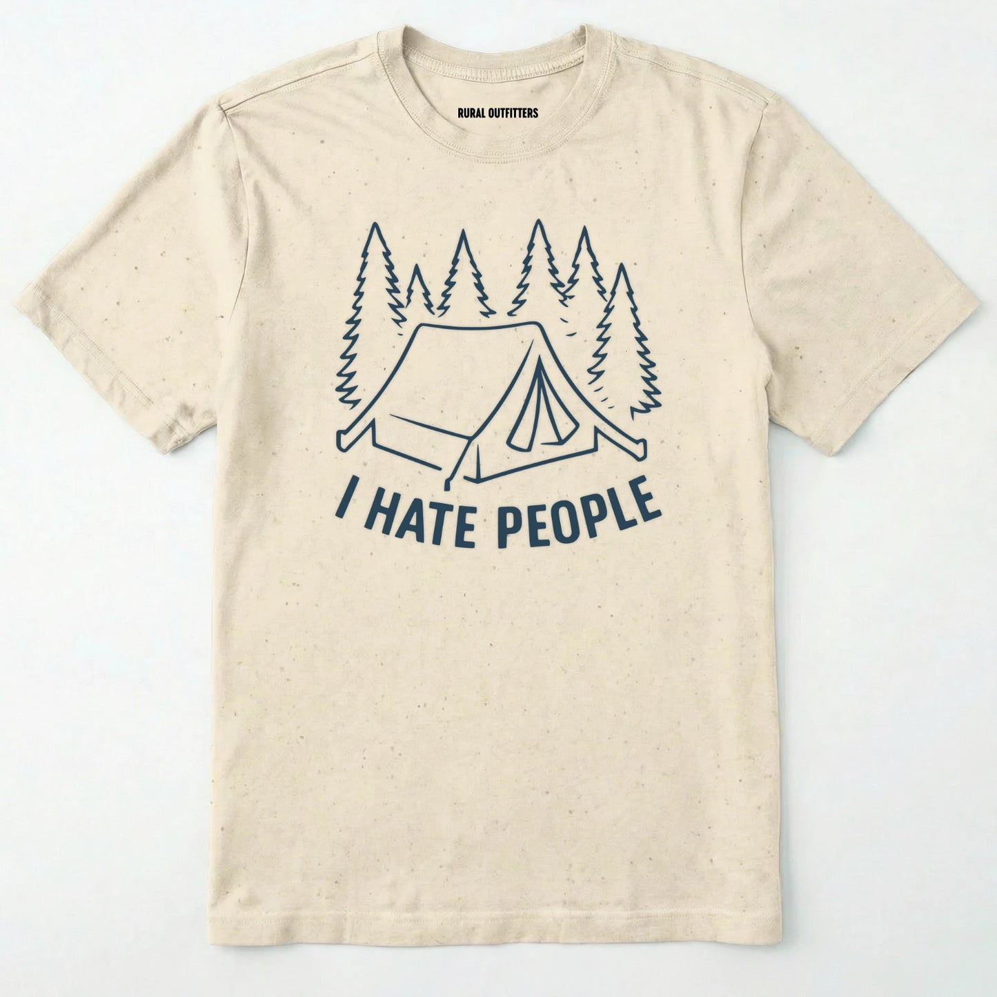 Natural i hate everybody t-shirt with tent and pine tree graphic on a white background.