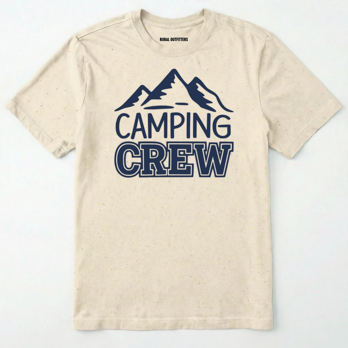 Natural camping crew t-shirt with 'camping crew' text and mountain graphic.