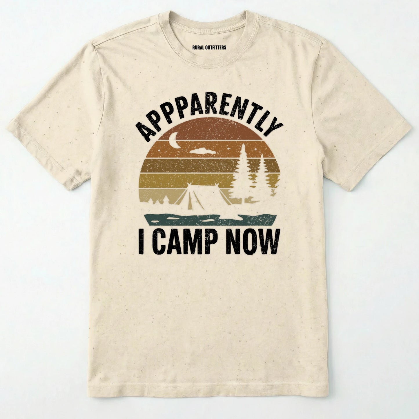 Natural t-shirt with ⊜apparently i camp now⊝ in white text and a vintage sunset camping scene on a white background.