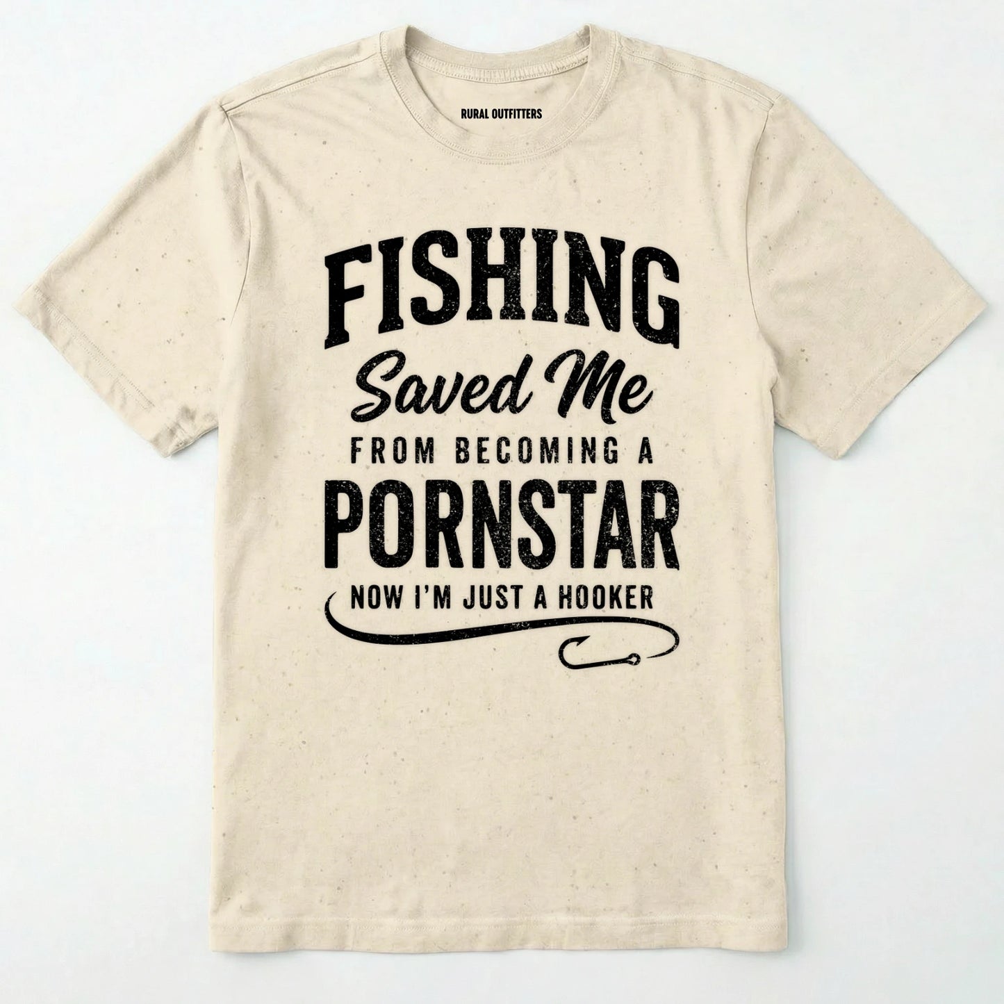 Natural t-shirt with humorous fishing slogan on a white background