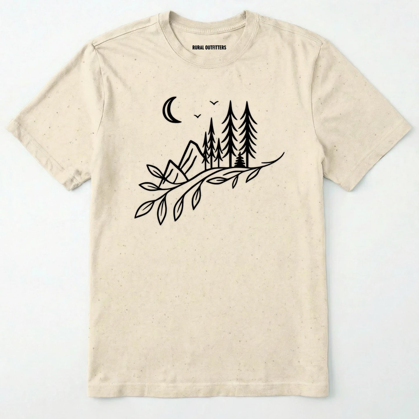 Natural nature graphic t-shirt showing mountains, pine trees, and moon line art on a white background.