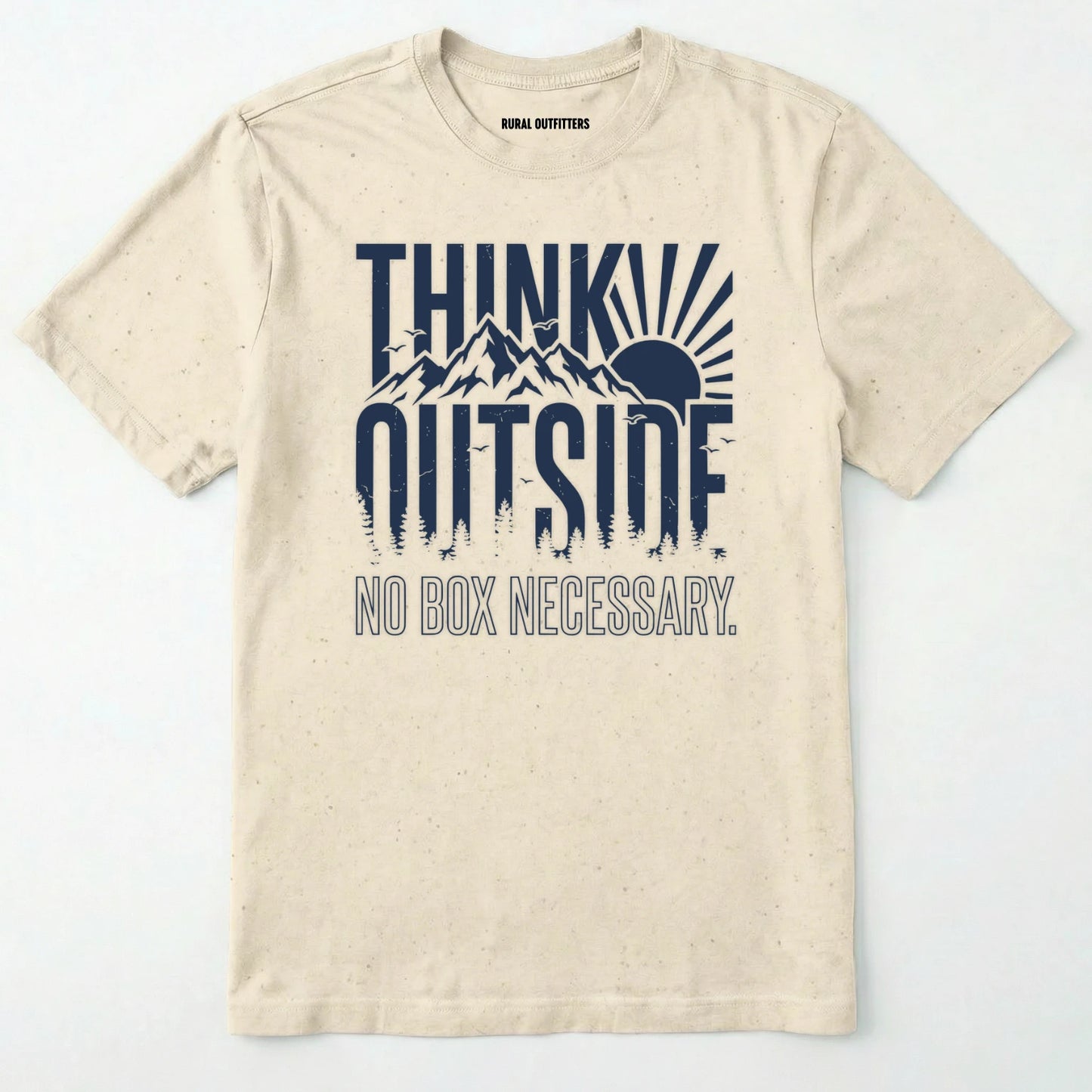 Natural t-shirt with 'think outside, no box necessary' graphic on a white background
