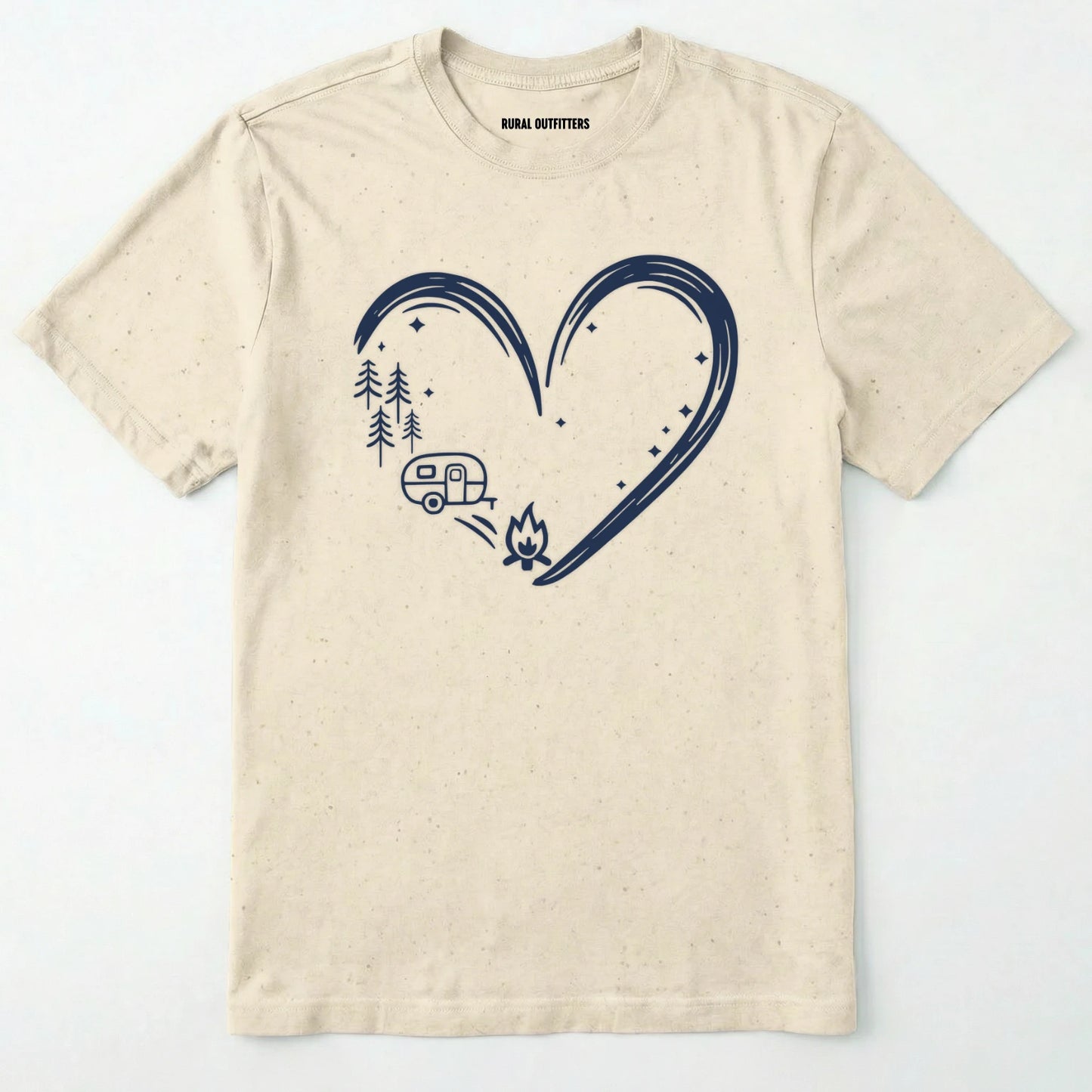 Natural i love camping shirt with a heart-shaped mountain and camper design on a white background.
