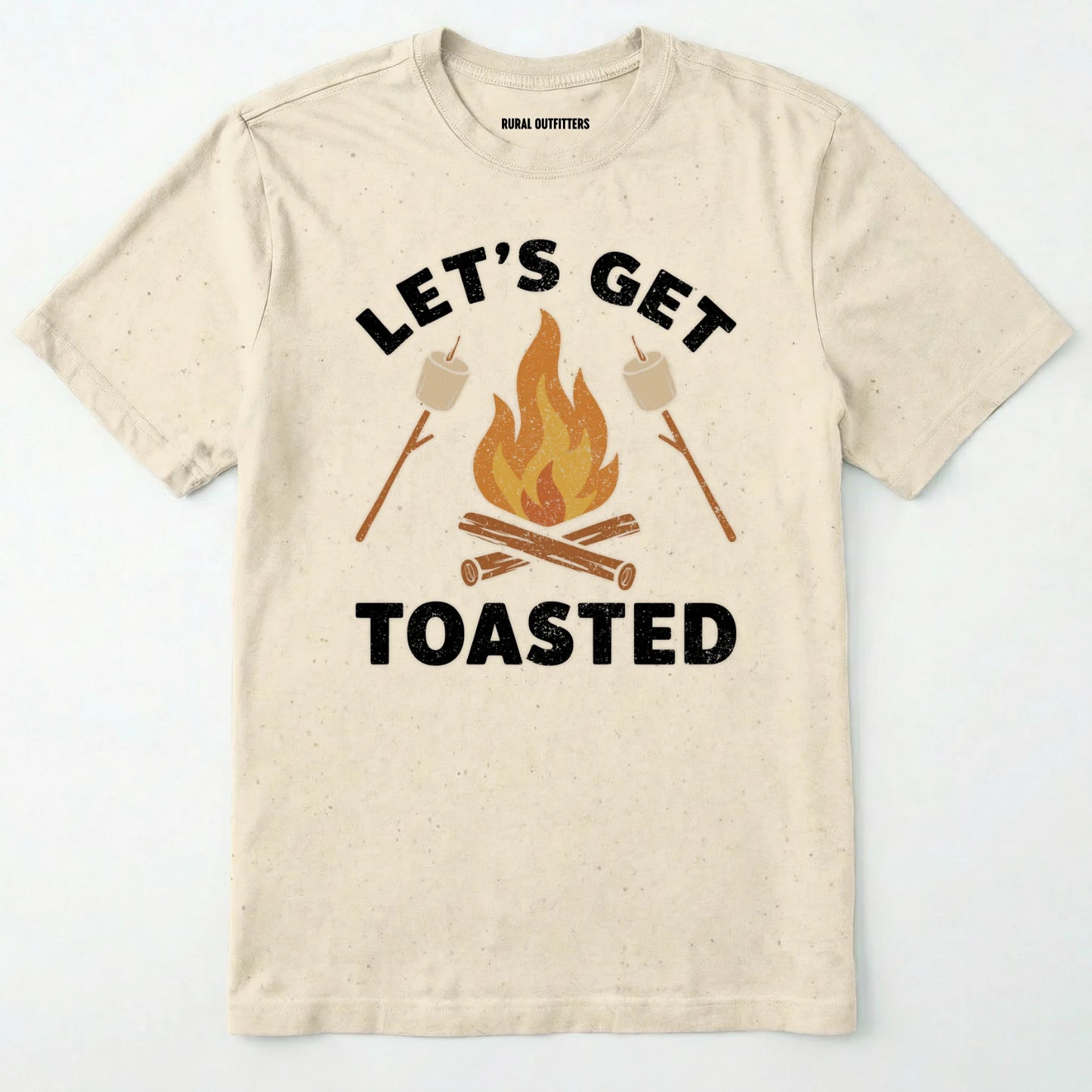Natural let⊙s get toasted shirt with campfire and roasting marshmallow graphic on a white background
