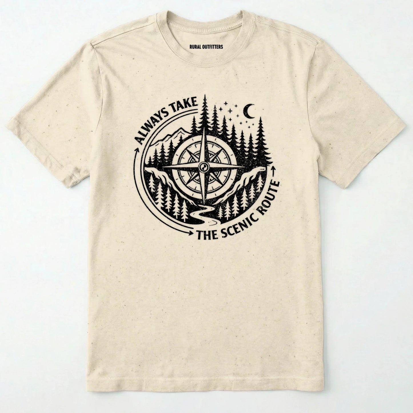 Natural always take the scenic route t-shirt with compass graphic and text on a white background.