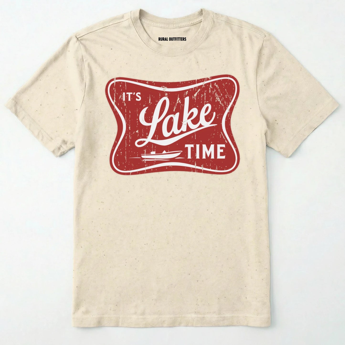 Natural lake t-shirt with retro ⊜it⊙s lake time⊝ graphic, featuring a red vintage lake badge design, nature-themed on a white background.