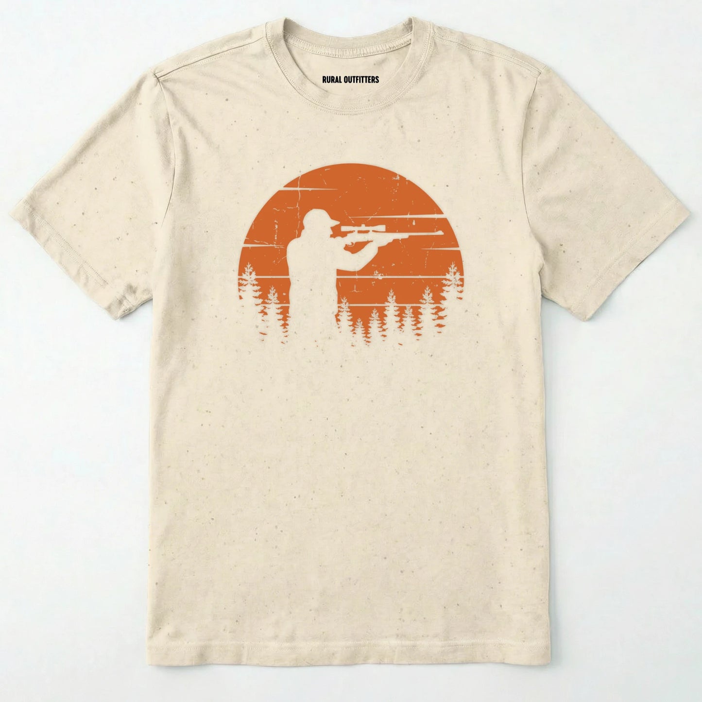 Natural t-shirt with a graphic of a hunter and sunset over trees on a white background