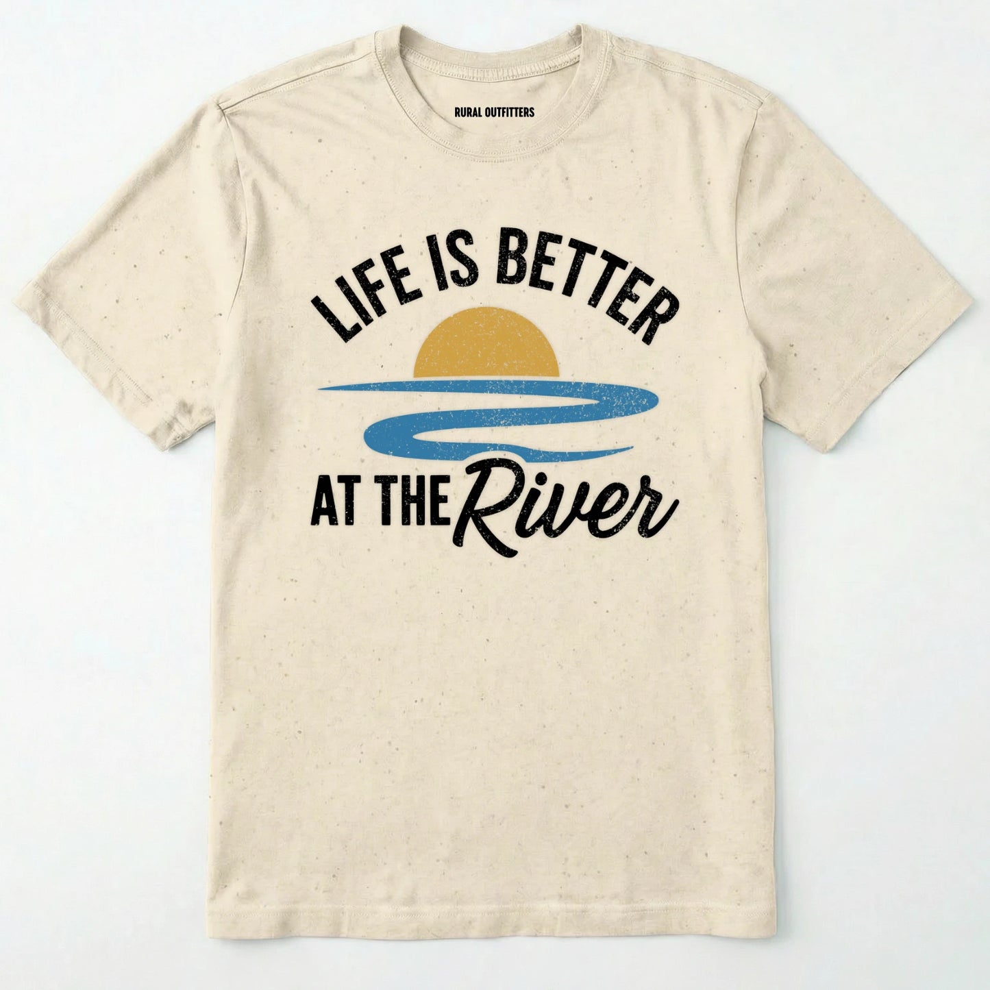 Natural river shirt with 'life is better at the river' design, paired with brown boots and a green backpack on a light grey background.