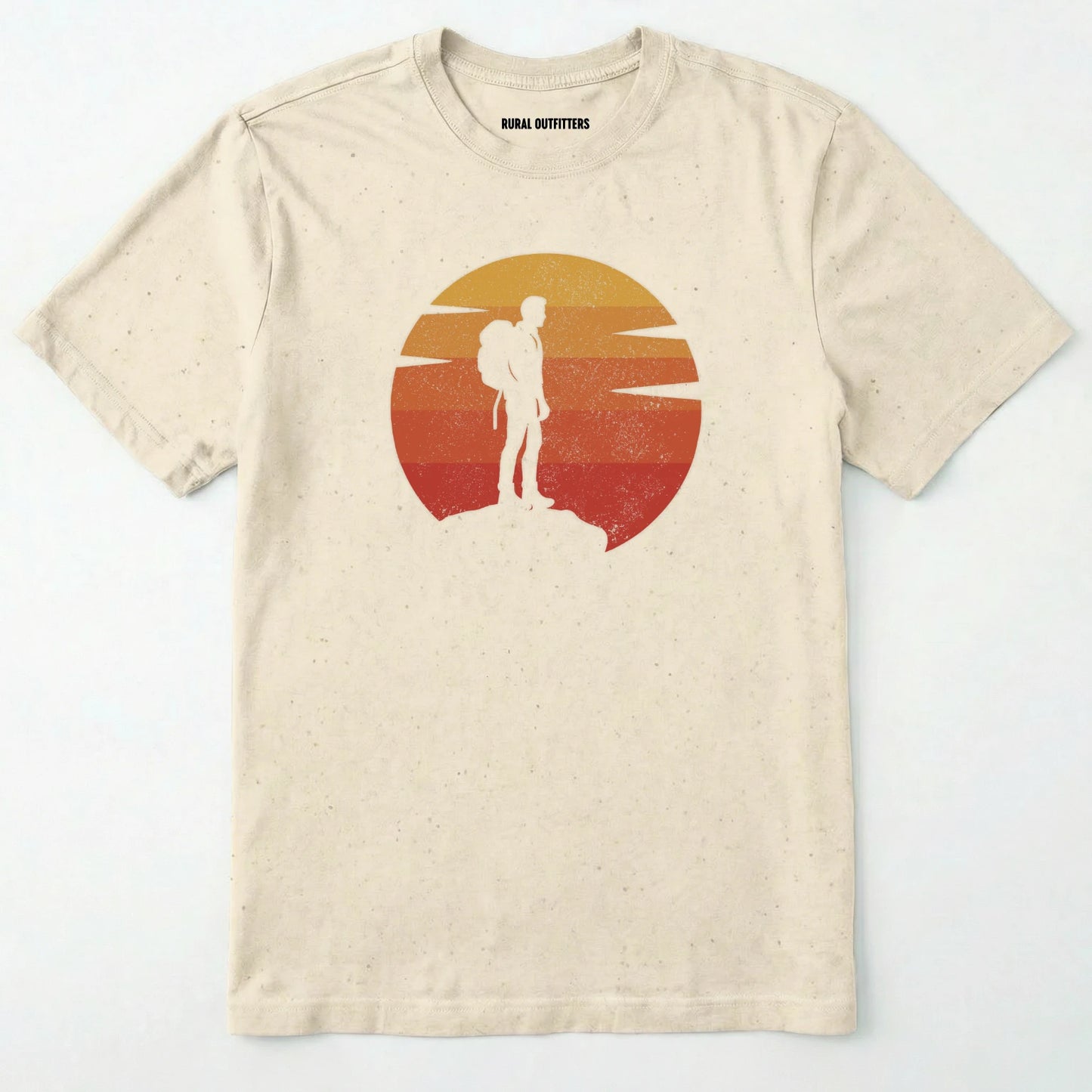 Natural retro sunset t-shirt with hiker silhouette on a white background.