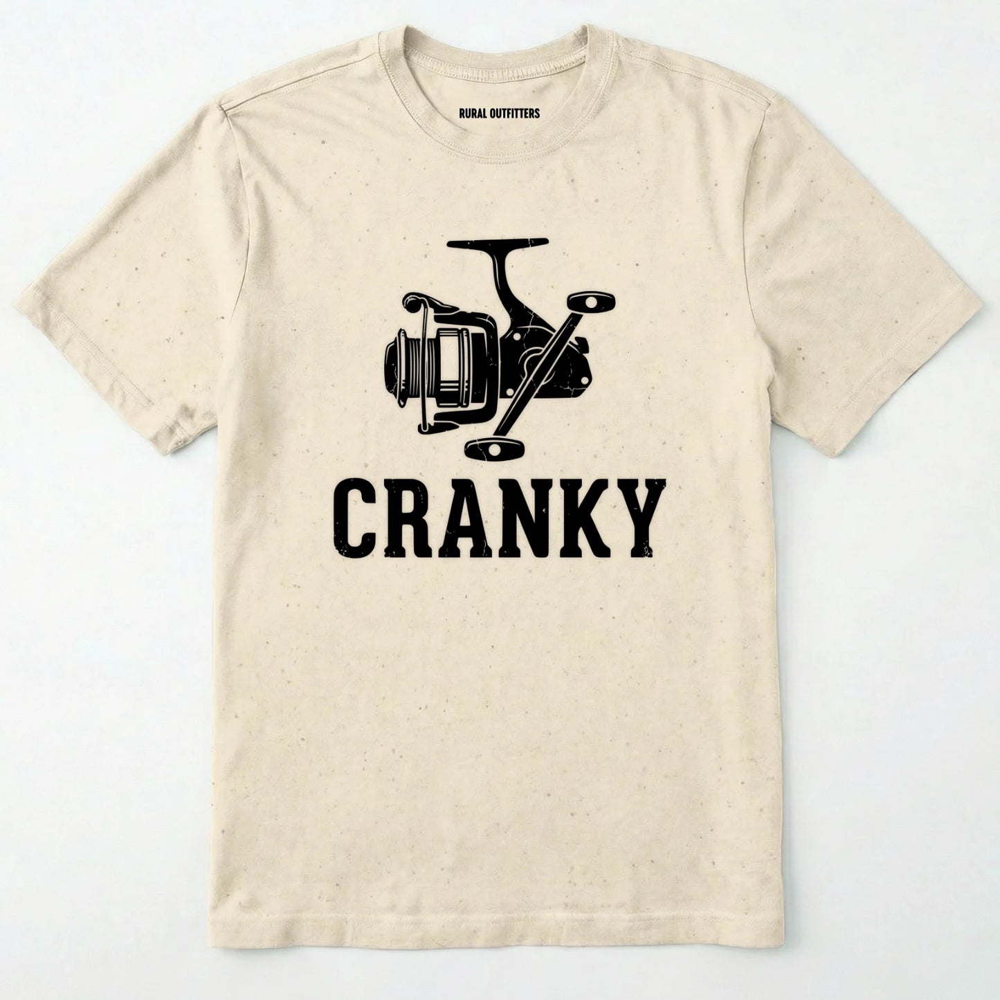 Natural t-shirt with fishing reel graphic and 'cranky' text on a white background