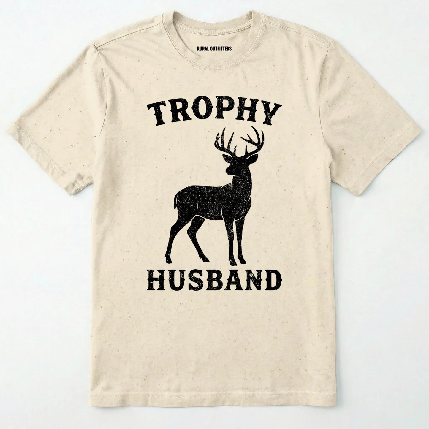 Natural t-shirt with a black deer graphic and 'trophy husband' text on a white background