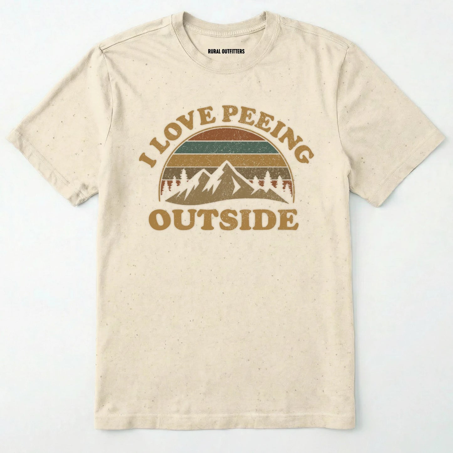 Natural i love peeing outside shirt with a retro mountain graphic on a white background.