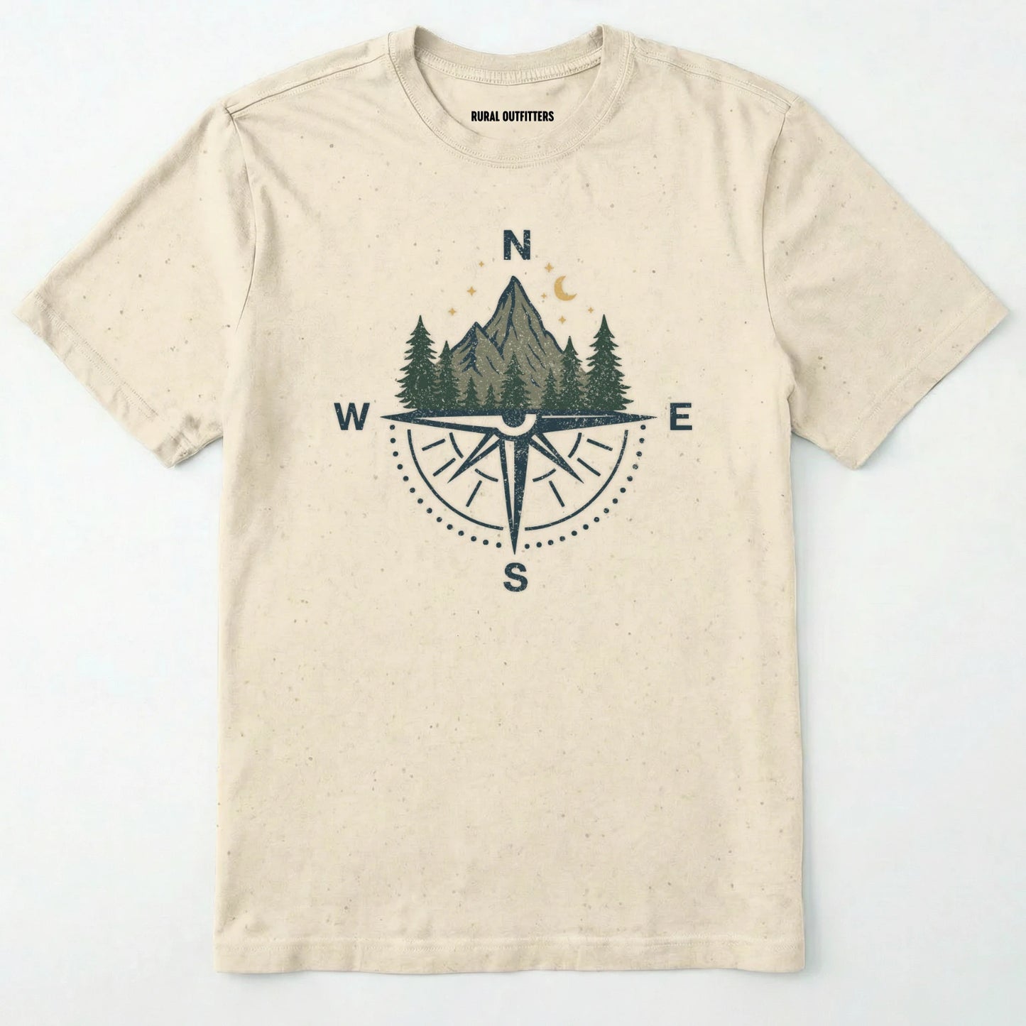 Natural compass shirt with mountains and pine trees design on a white background.