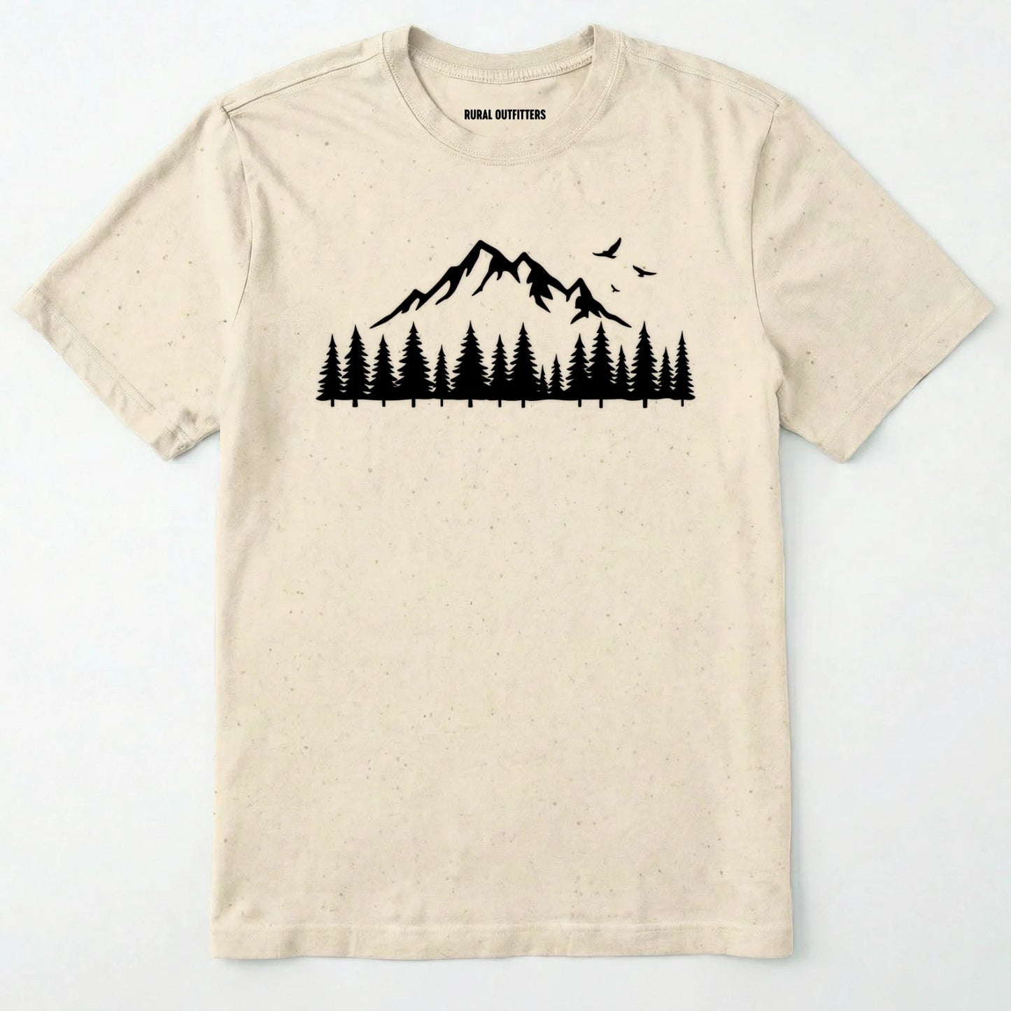 Natural wild t-shirt with a minimalist mountain and pine tree graphic on a white background.
