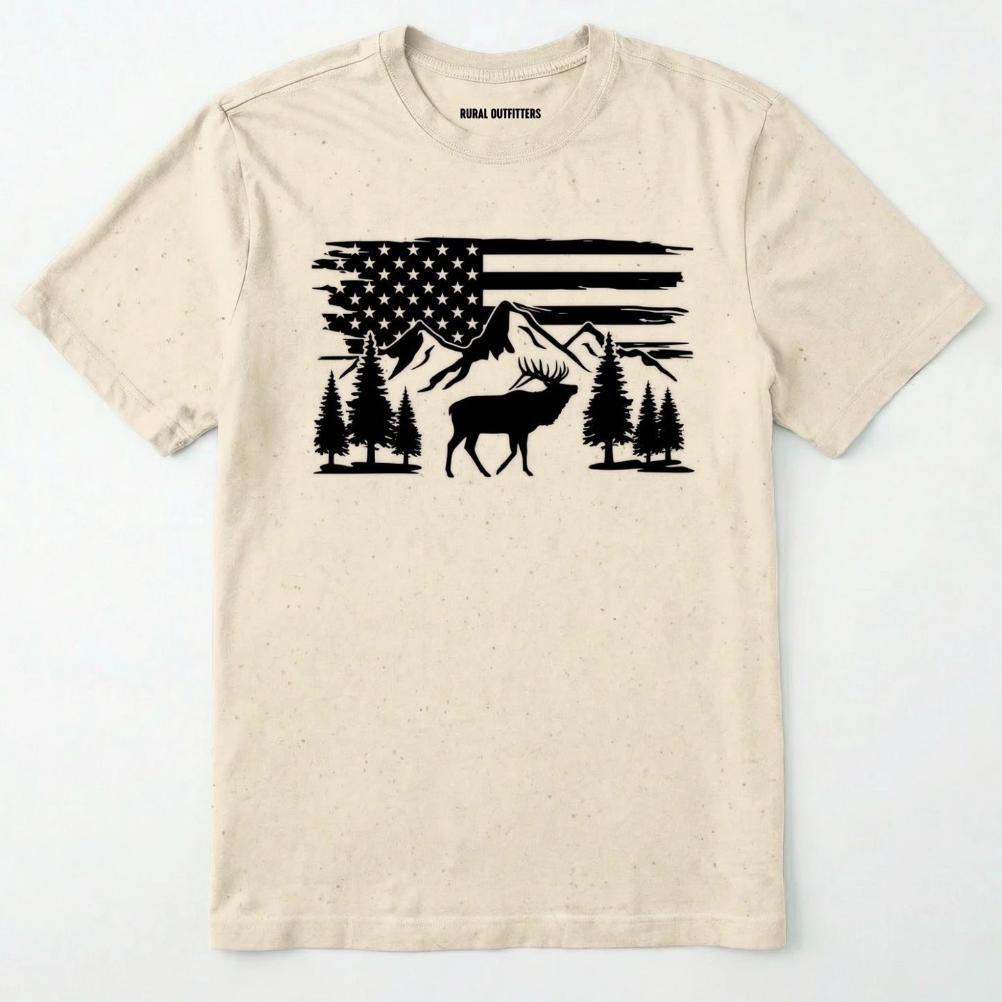 Natural deer t-shirt with black graphic design of an american flag, trees, and a elk graphic.