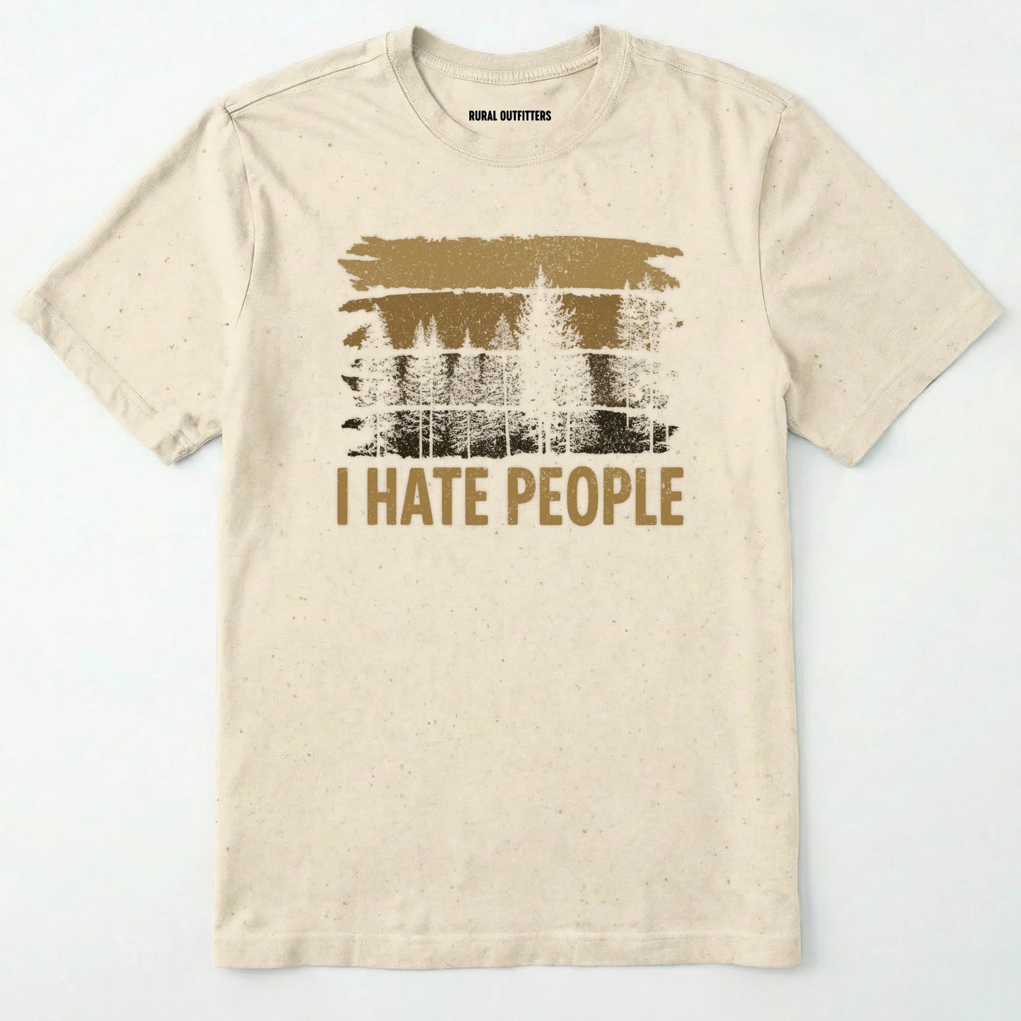Natural i hate people t-shirt with a distressed forest graphic on a white background.