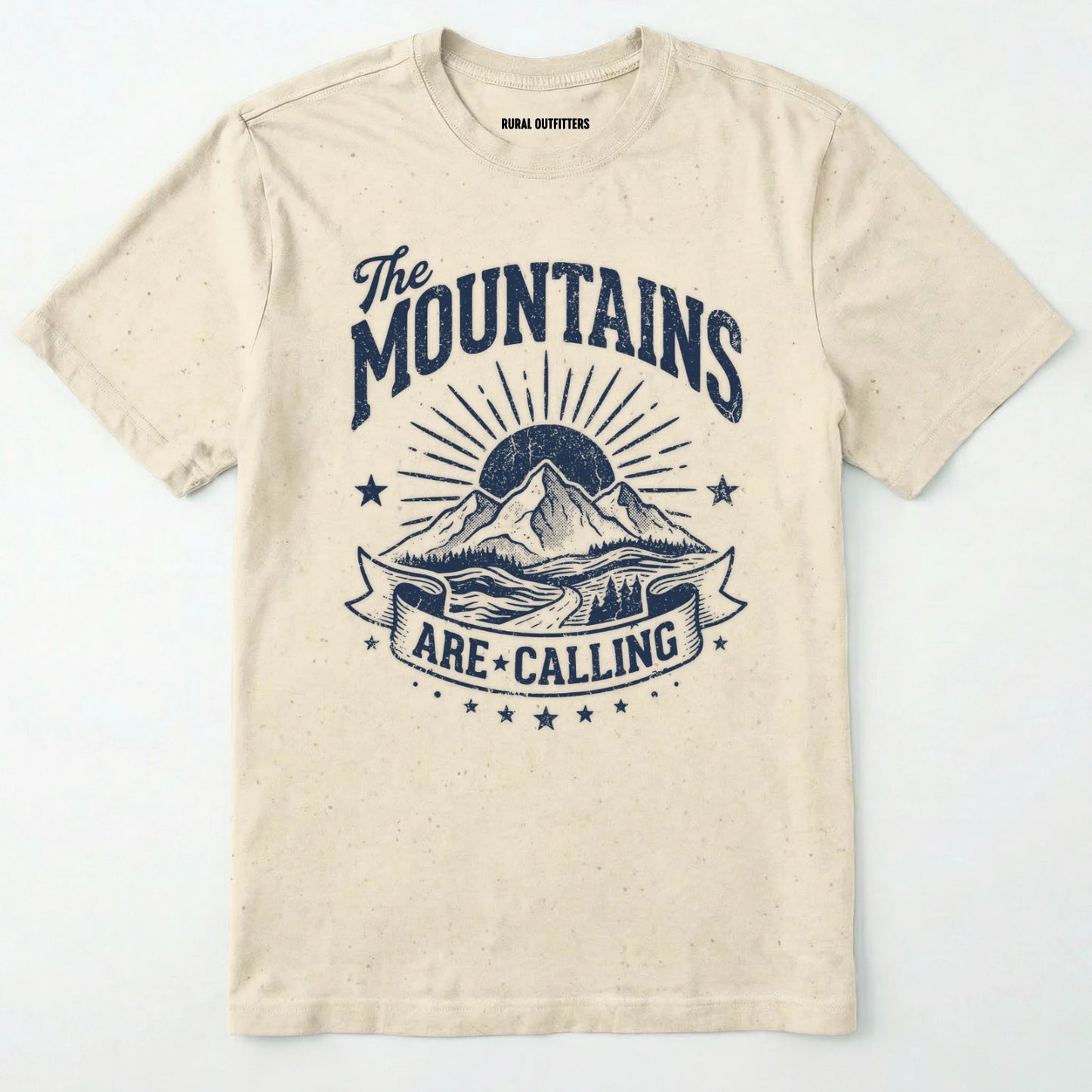 Natural t-shirt with mountain graphic and 'the mountains are calling' text on a white background