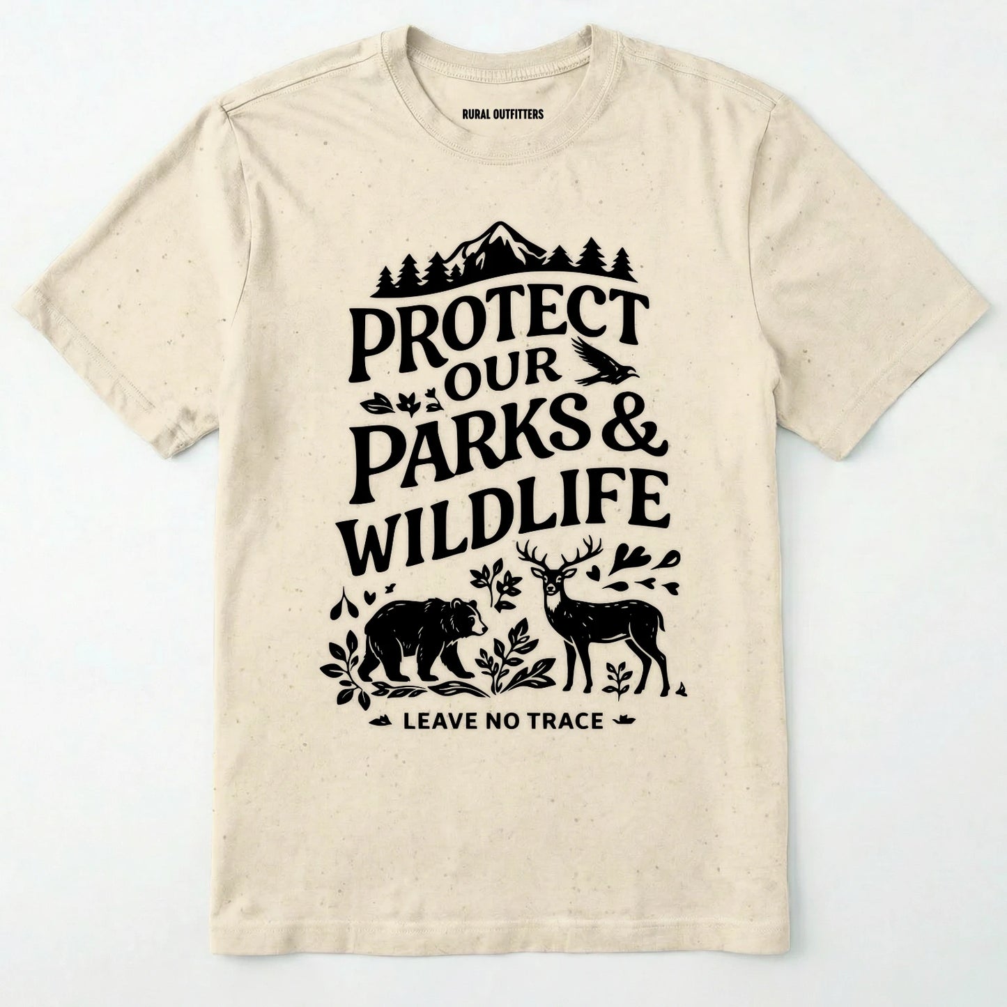 Natural t-shirt with black text and nature-themed graphics on a white background