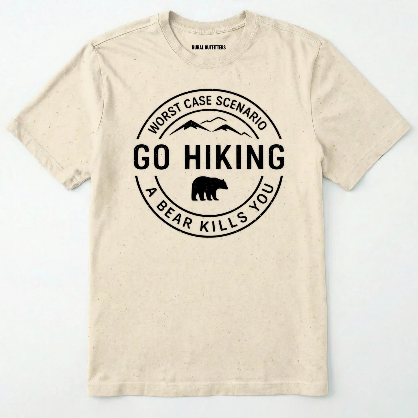 Natural funny hiking shirt with circular go hiking graphic and bear illustration on a white background.