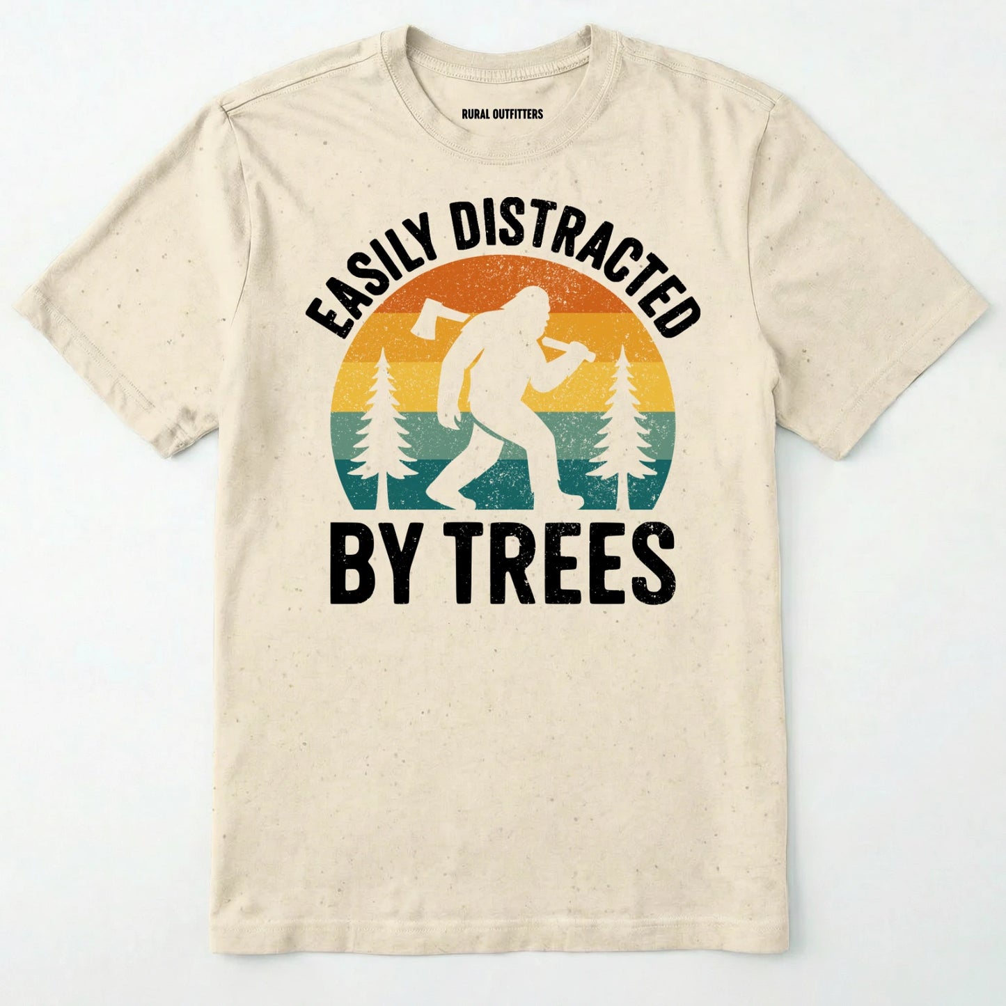 Natural funny sasquatch shirt featuring bigfoot silhouette and trees on a white background.