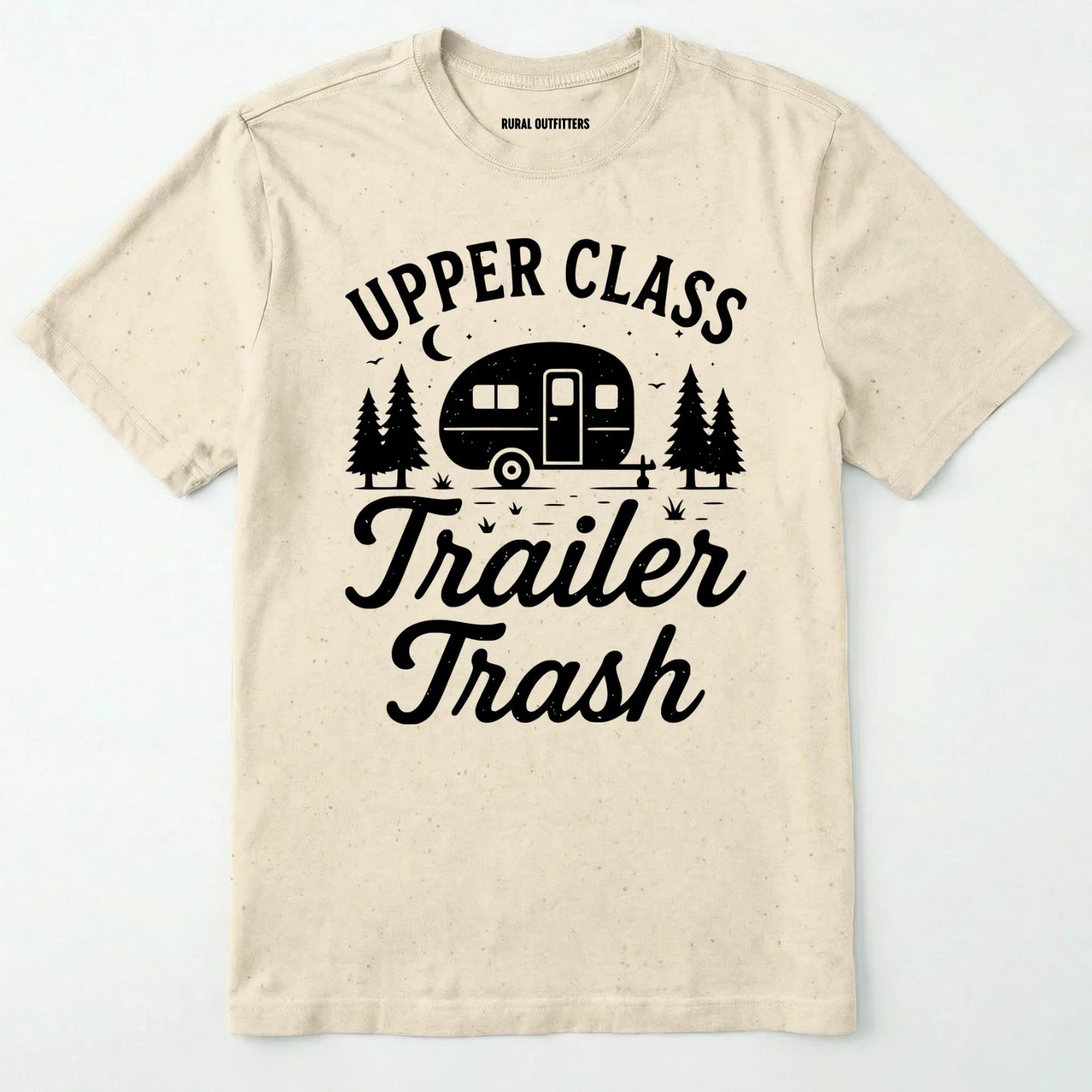 Natural Upper Class Trailer Trash t-shirt with camper graphic on a white background