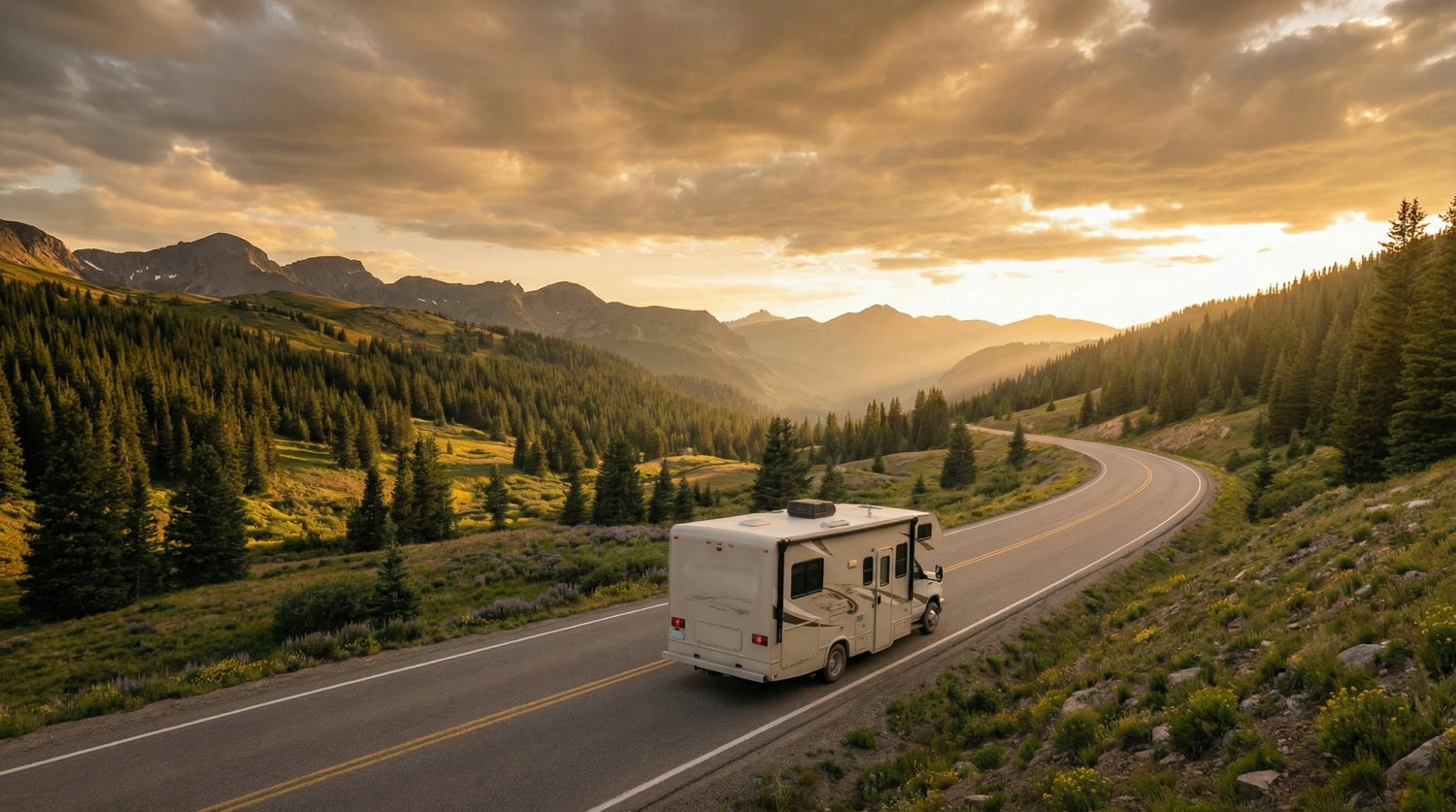RV on a winding mountain road with a scenic sunset.