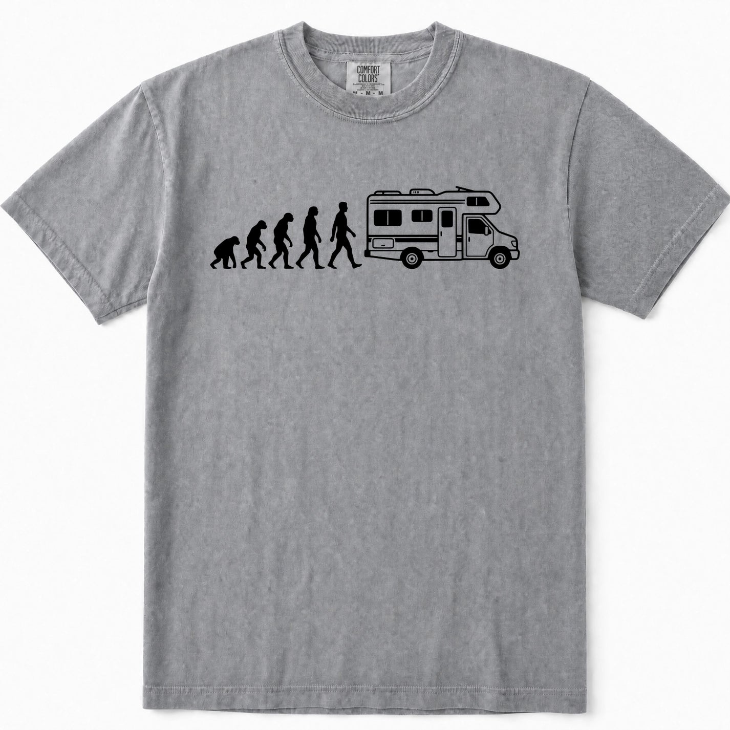 Grey short-sleeve crewneck t-shirt featuring a black graphic print of the evolution sequence leading to a walking person next to an RV.