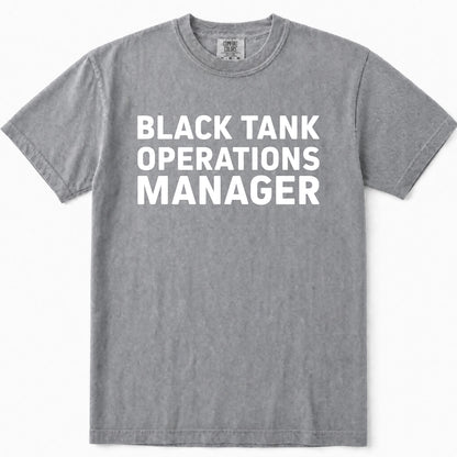 Grey short-sleeve crewneck t-shirt with the words 'BLACK TANK OPERATIONS MANAGER' printed in bold white capital letters across the chest, displayed flat against a white background.
