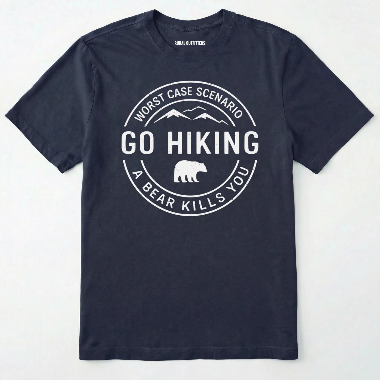 Navy funny hiking shirt with circular go hiking graphic and bear illustration on a white background.