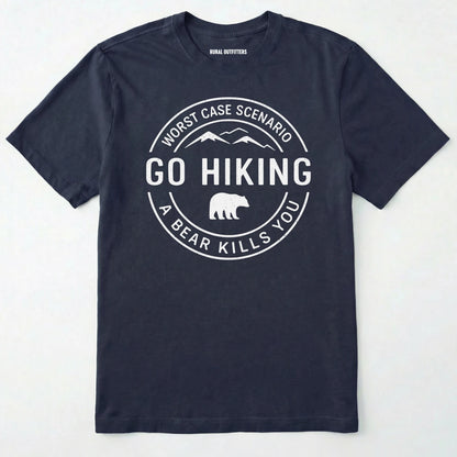 Navy funny hiking shirt with circular go hiking graphic and bear illustration on a white background.