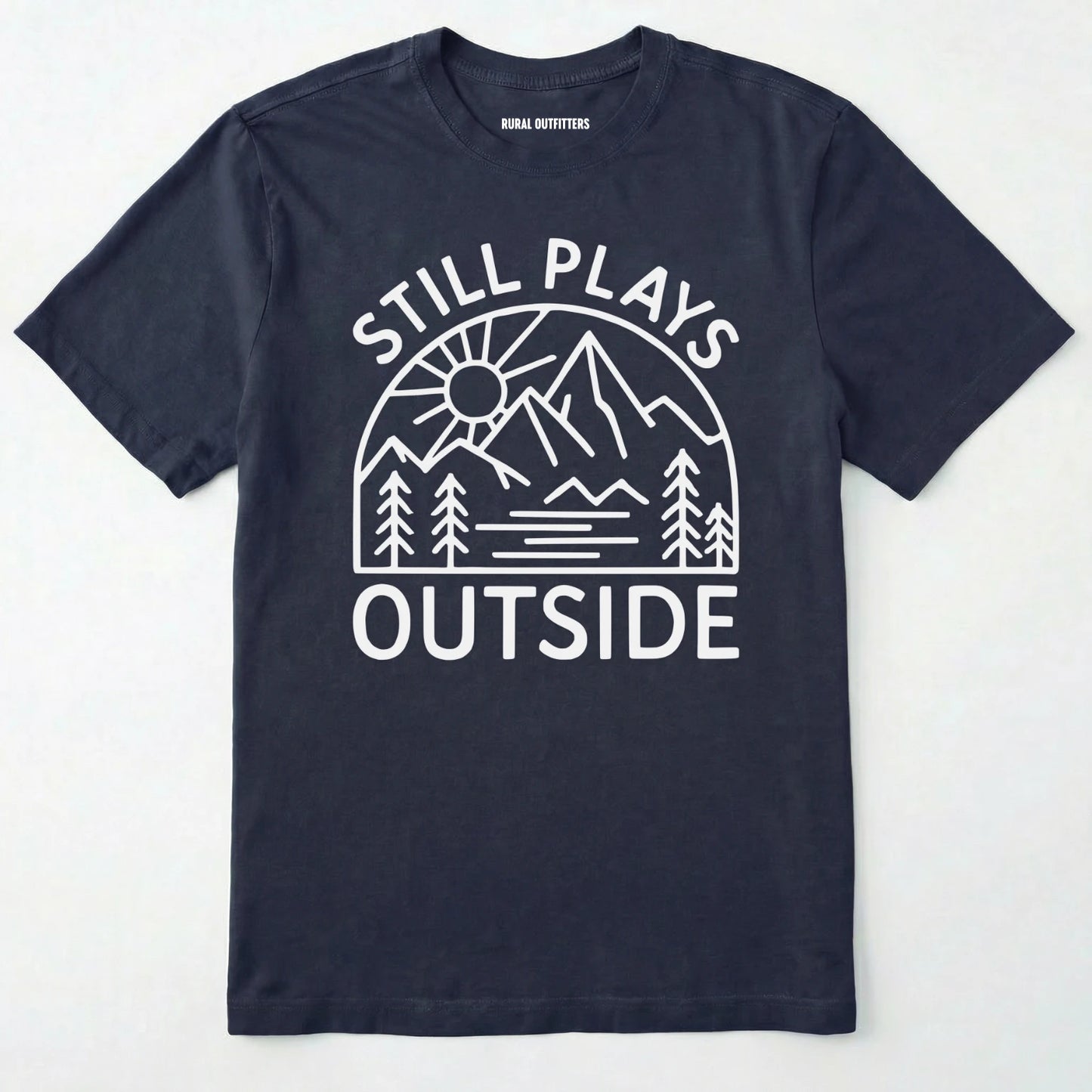 Navy t-shirt with 'still plays outside' graphic design on a white background.