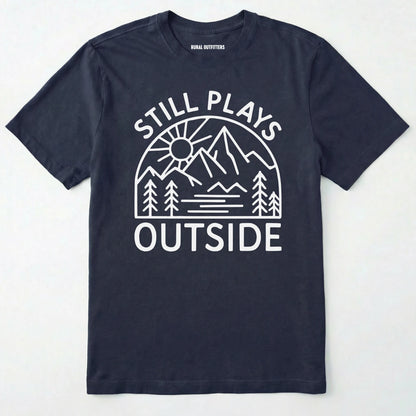 Navy t-shirt with 'still plays outside' graphic design on a white background.